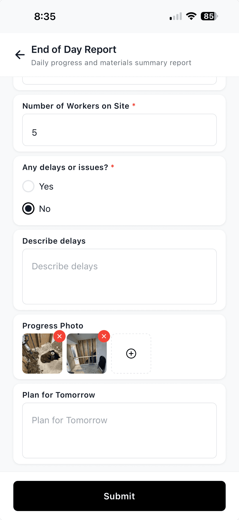 WorkxPro mobile app — worker filling out a form with photos and notes from the field