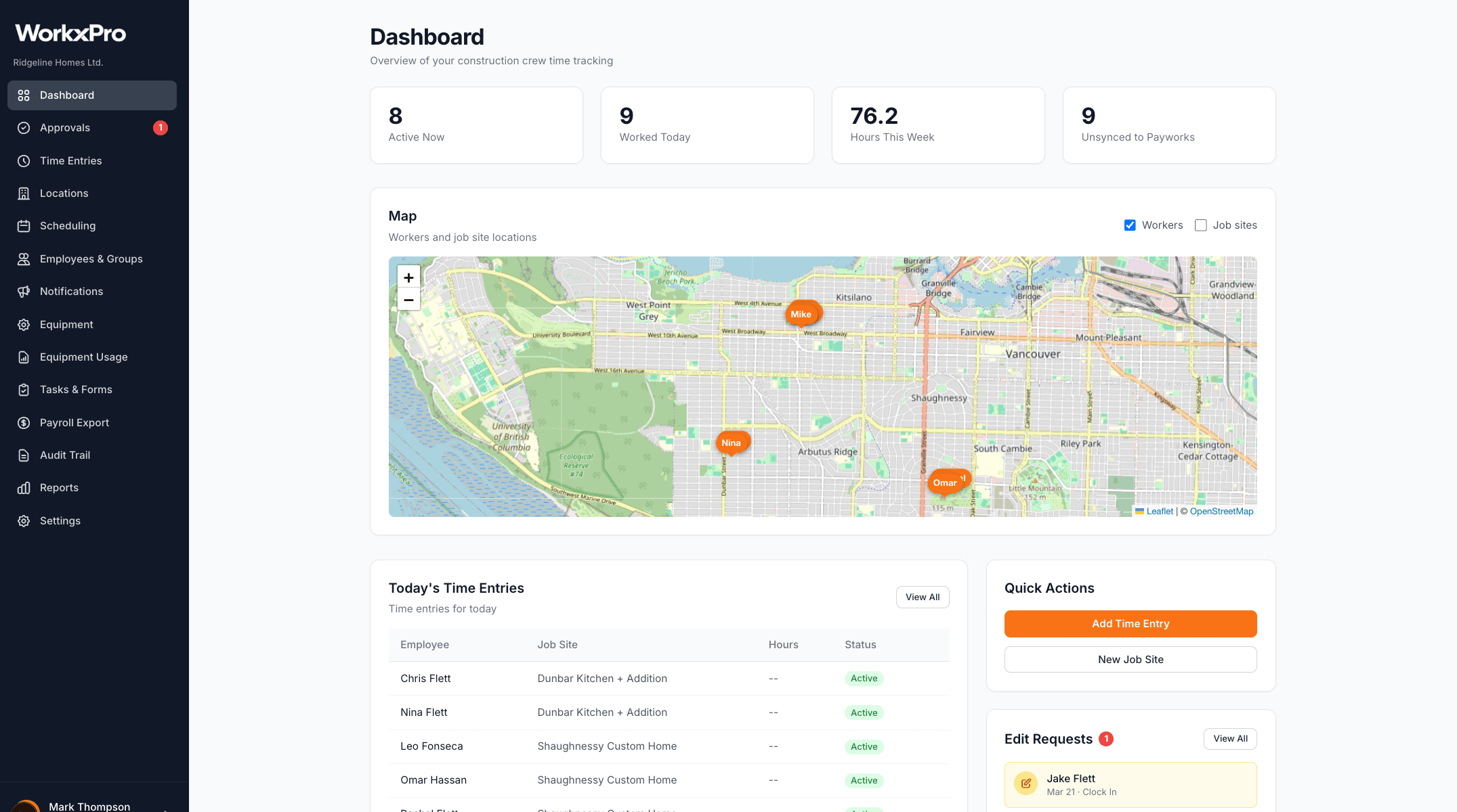 WorkxPro admin dashboard — real-time crew tracking, time entries, and job site map
