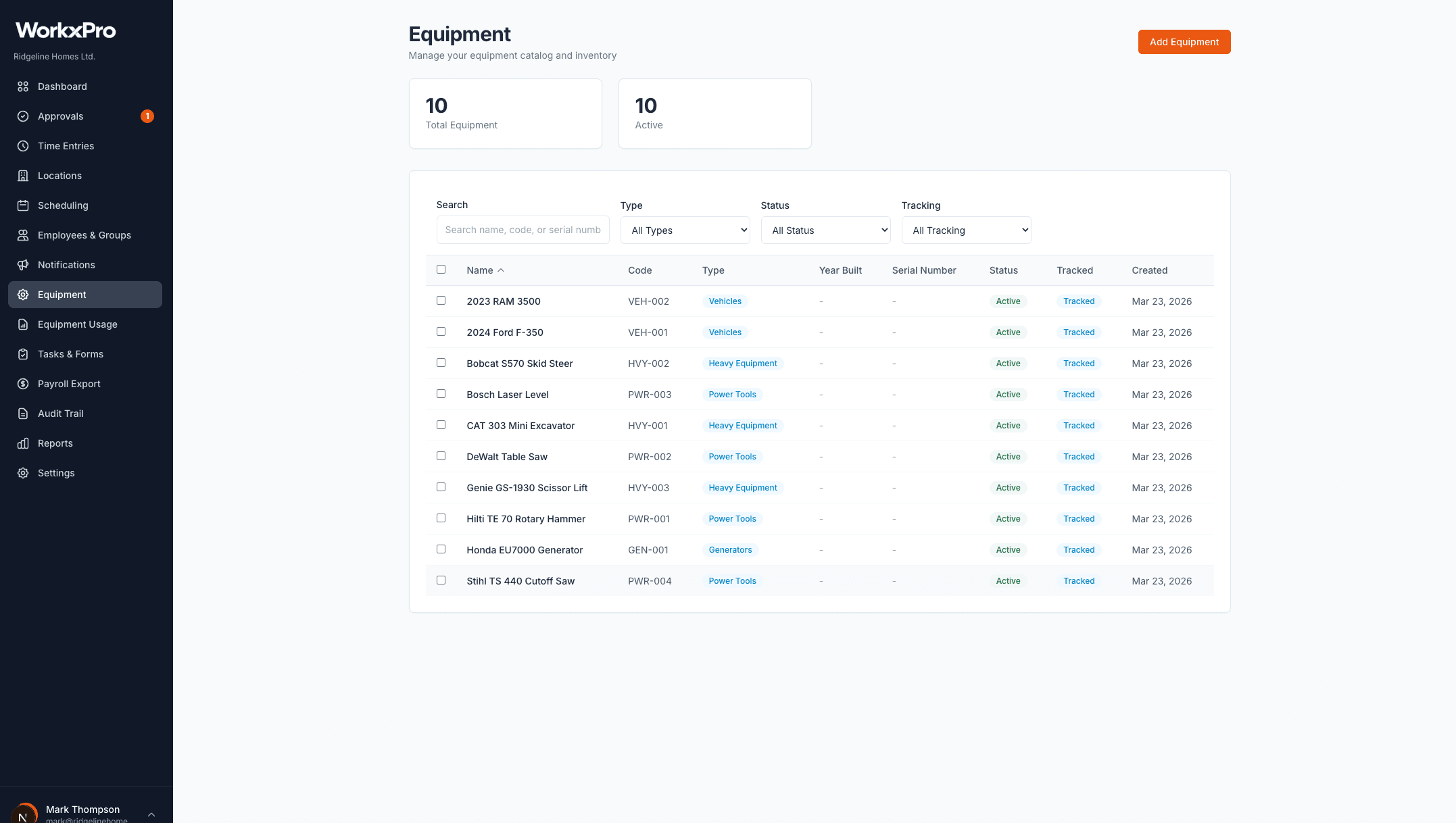 WorkxPro equipment inventory — 10 tracked items including excavators, generators, and power tools with type, serial number, status, and filters
