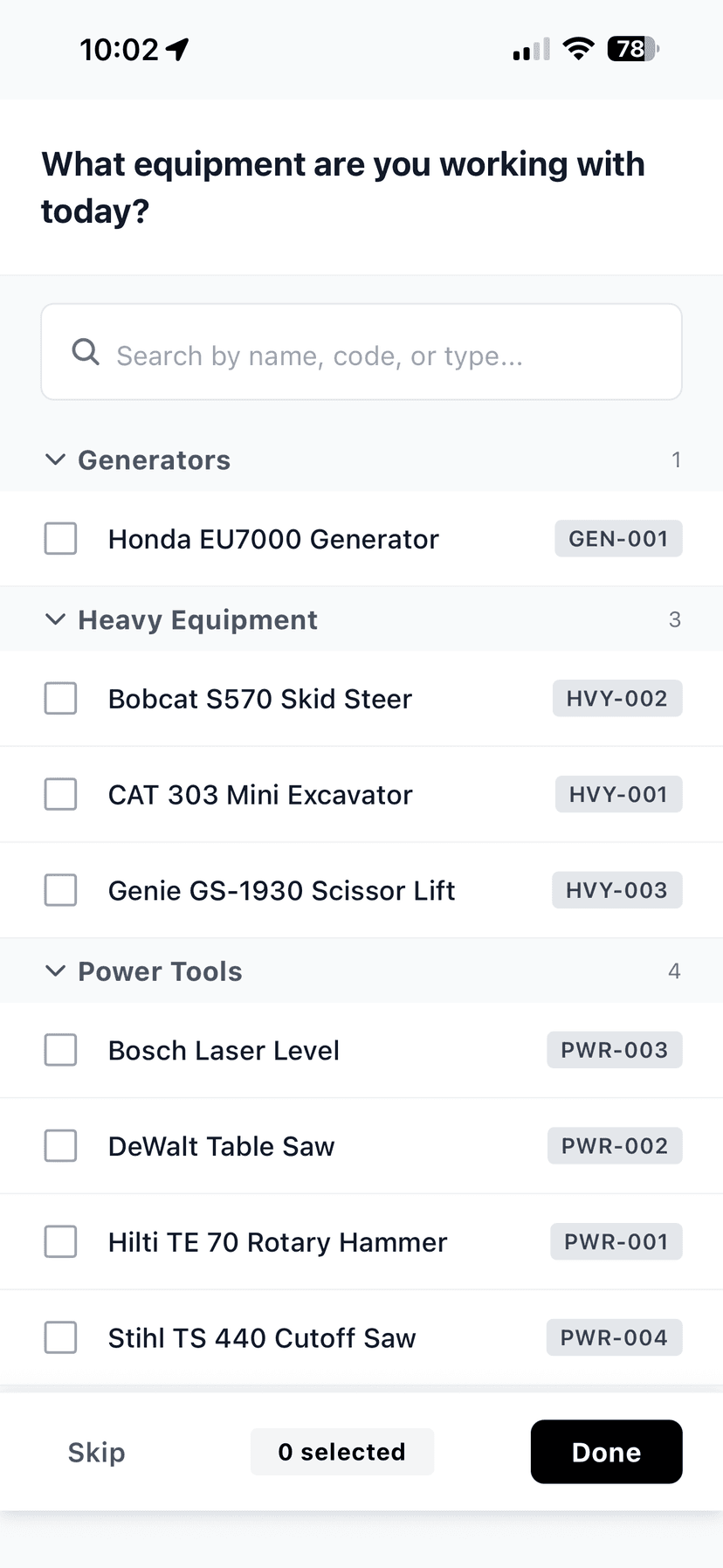 WorkxPro mobile app — worker selecting equipment at clock-in, categorized by type with search and checkboxes