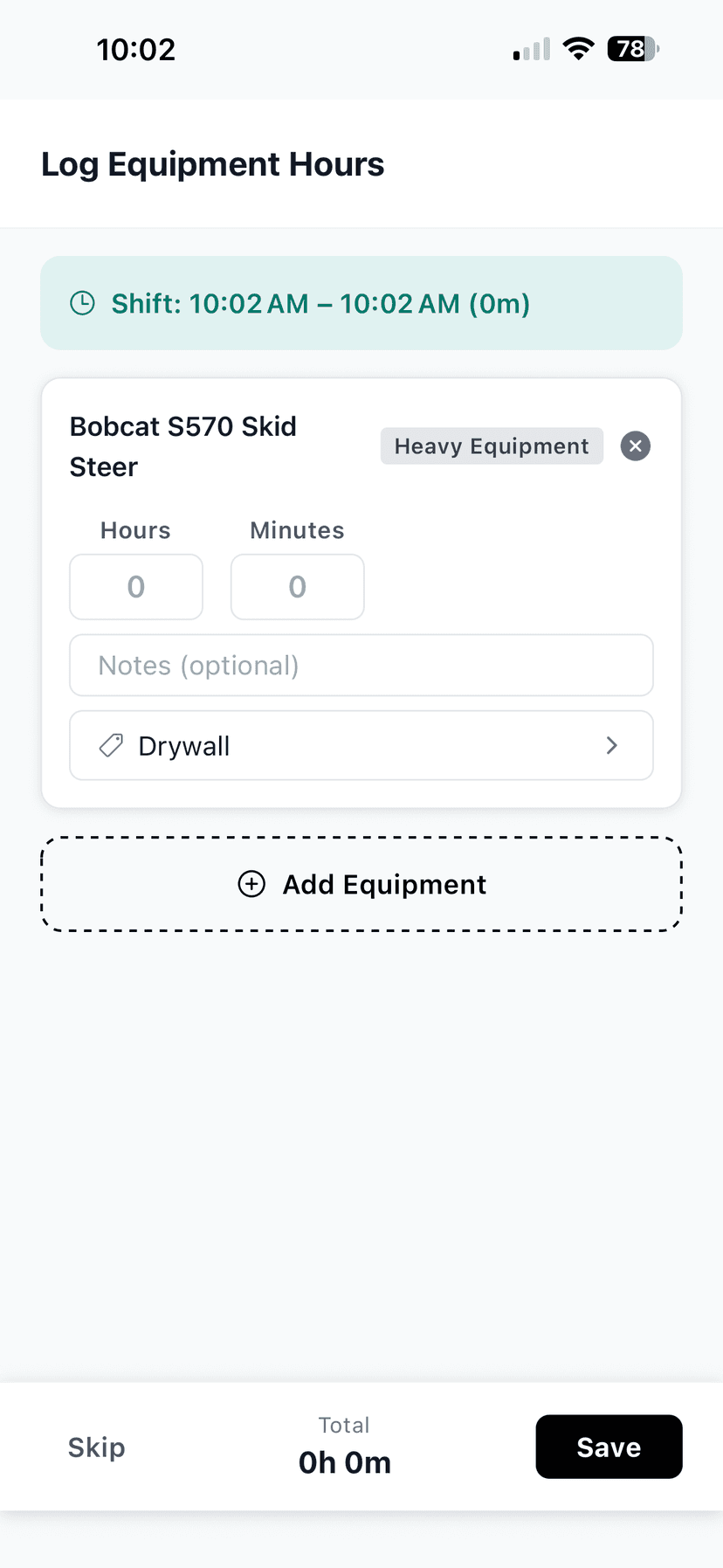WorkxPro mobile app — logging equipment hours for Bobcat S570 Skid Steer with hours, notes, and project code