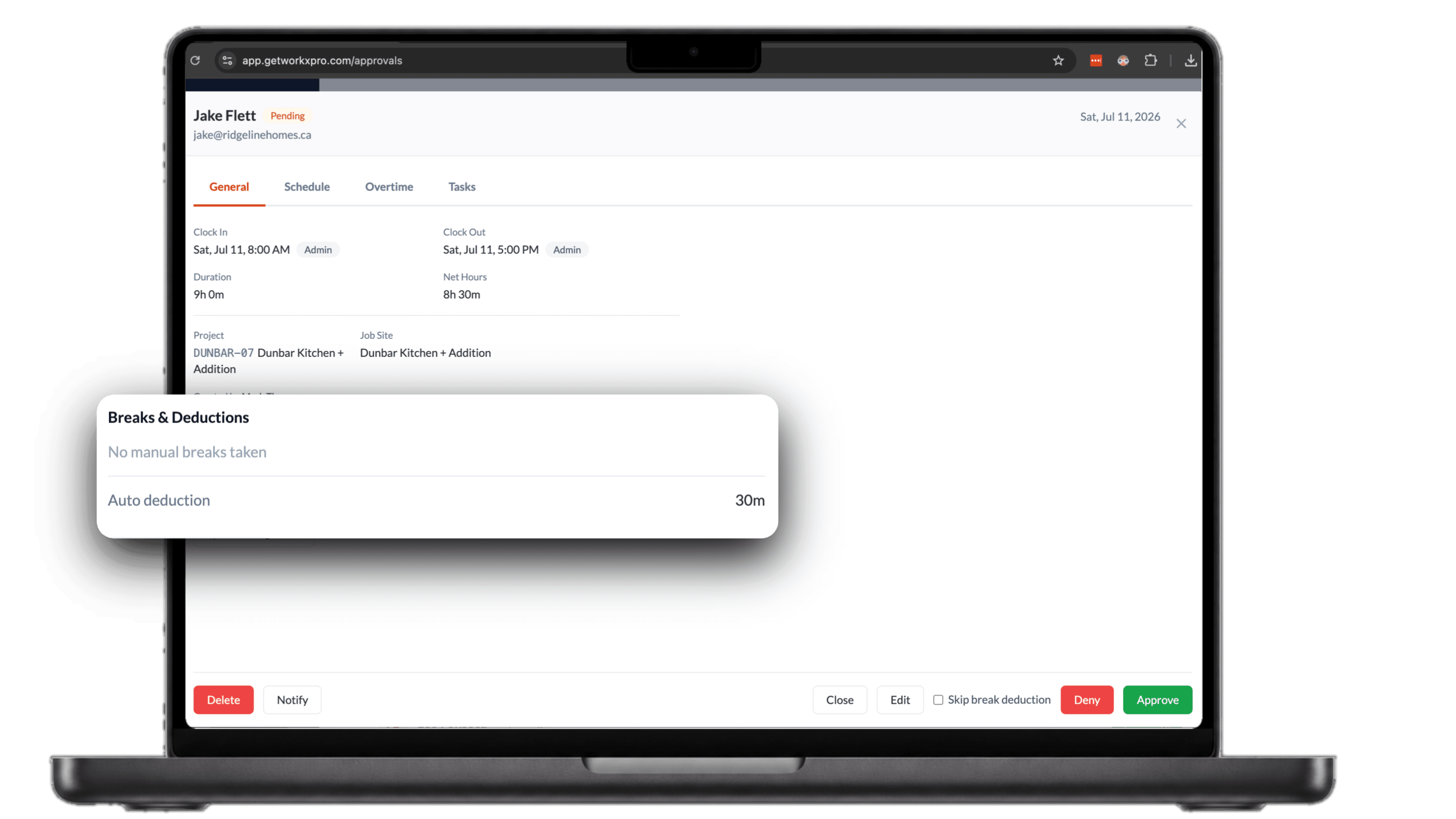 WorkxPro approval showing a nine hour shift with no manual breaks and an automatic thirty minute deduction bringing net hours to eight and a half