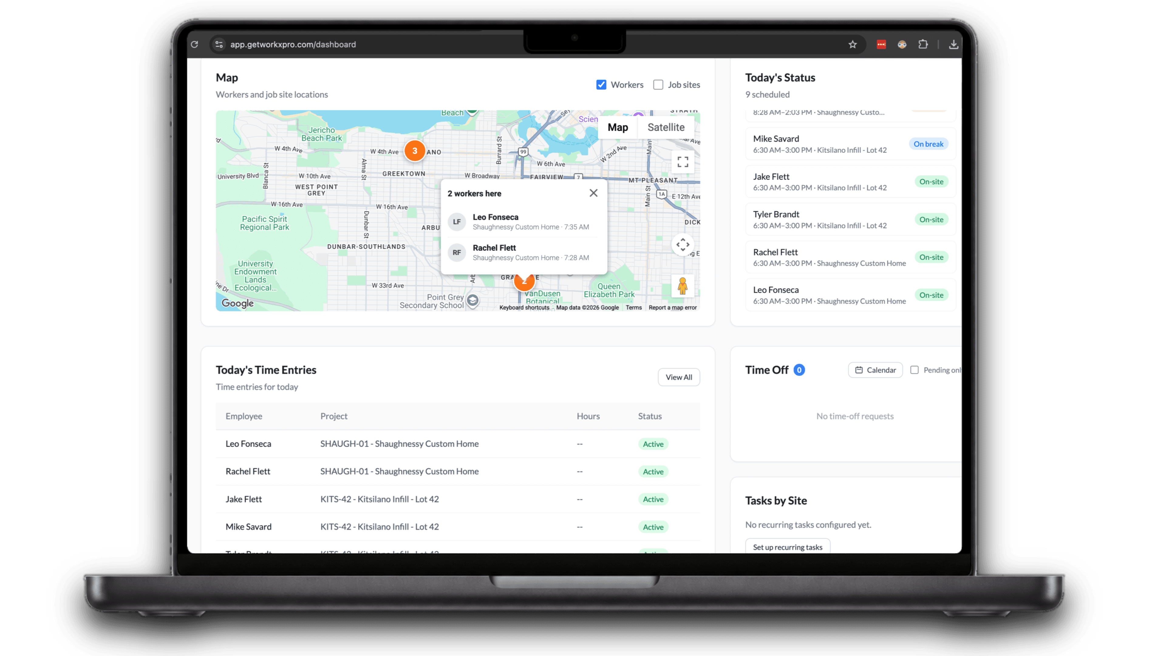 WorkxPro admin dashboard on a laptop showing a live map of today's clock-in locations, each worker's on-site status, and today's time entries