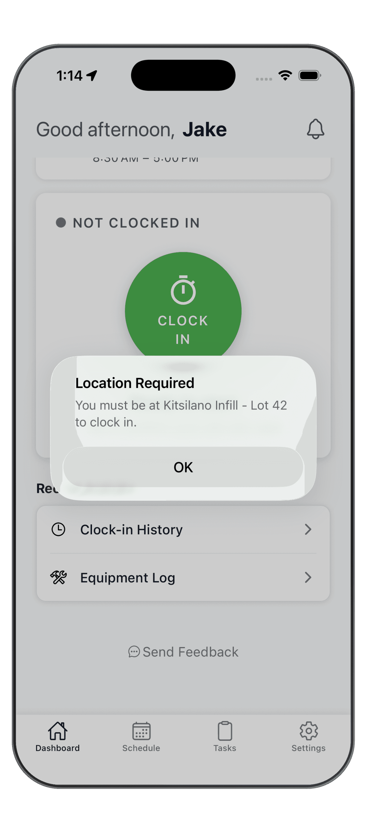 What workers see on hard block: a Location Required alert saying you must be at Kitsilano Infill - Lot 42 to clock in. Soft warning mode shows a confirmation instead.