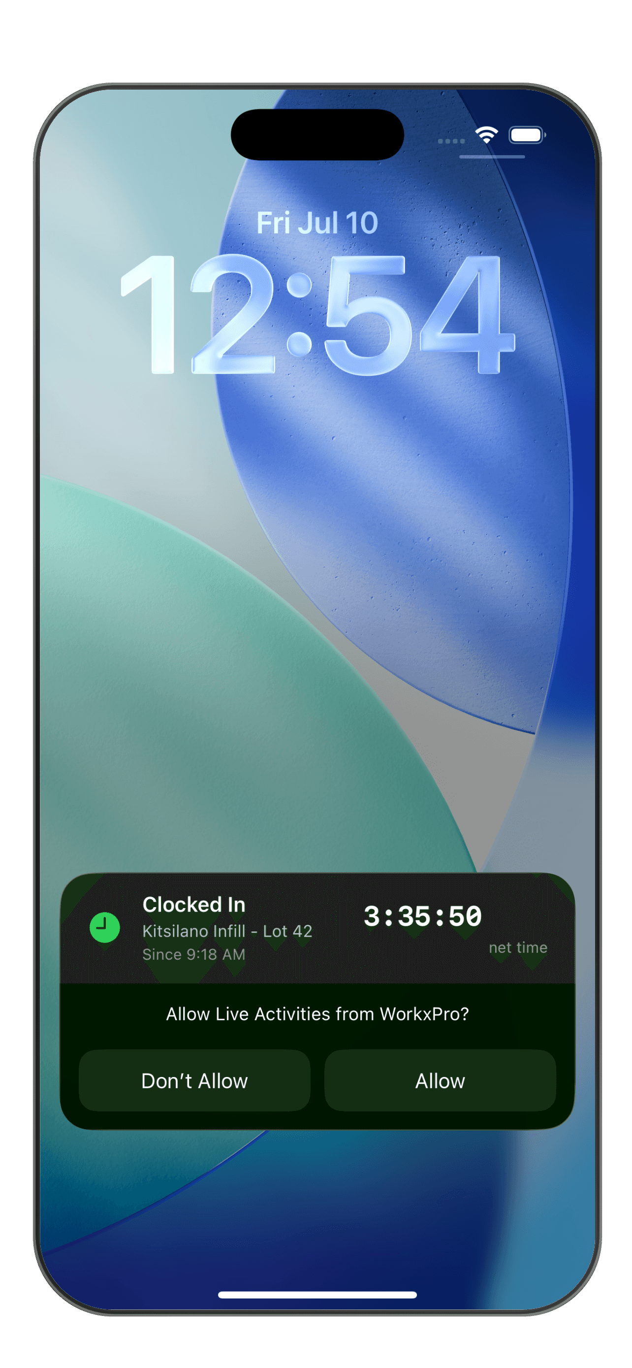 iPhone lock screen with the WorkxPro Live Activity card showing Clocked In at Kitsilano Infill Lot 42 since 9:18 AM and a running net time of 3:35:50