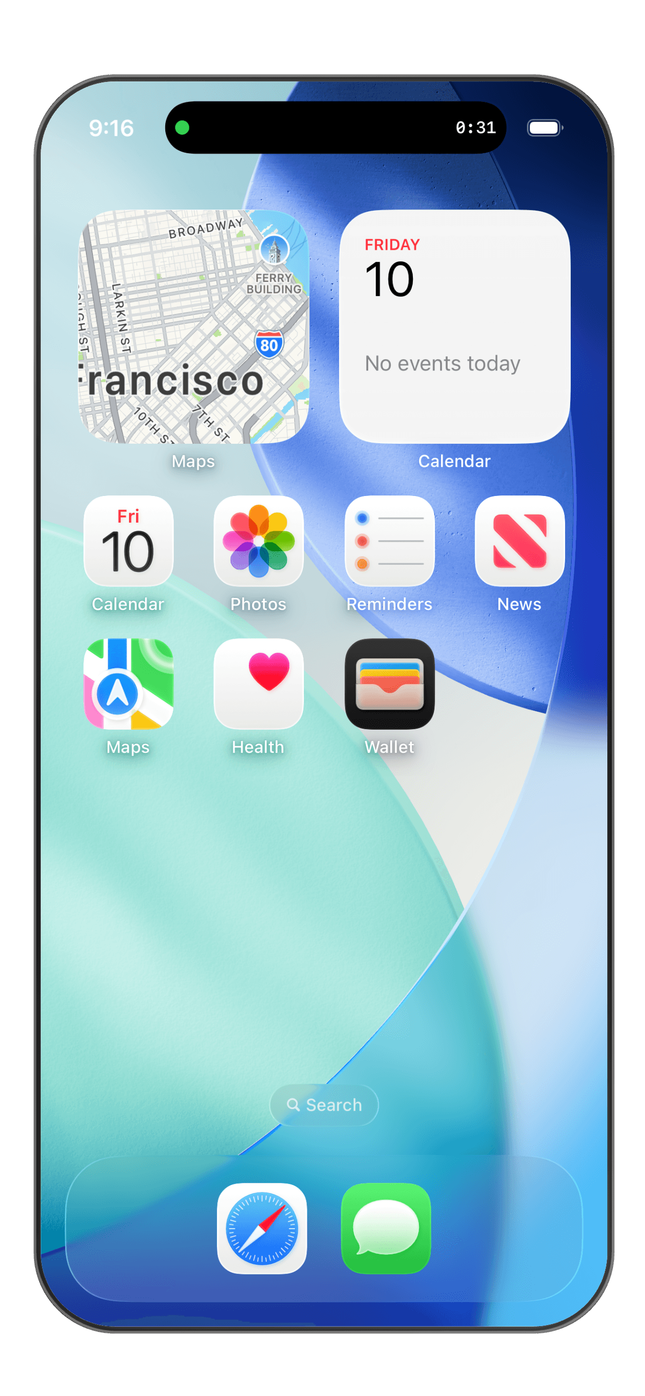 iPhone home screen with the WorkxPro Live Activity in the Dynamic Island showing a running clock-in timer