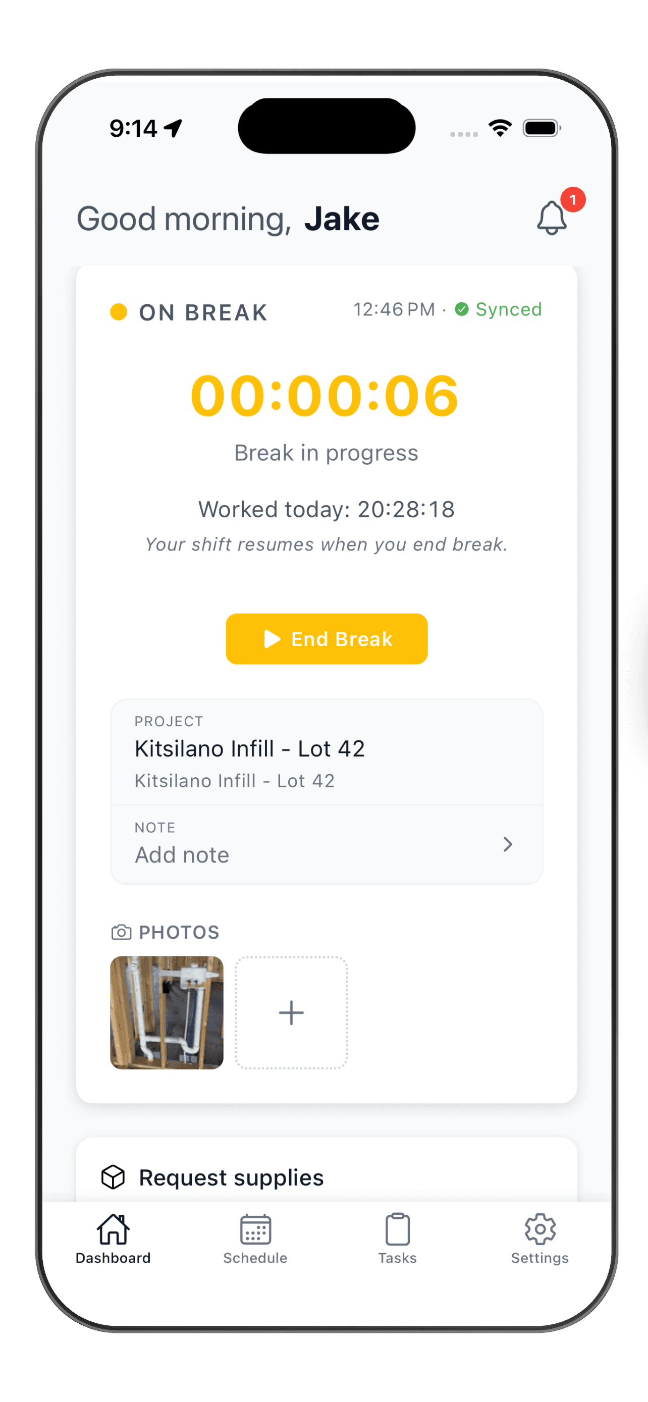 WorkxPro mobile app on-break screen with a yellow On Break status, a break timer, hours worked today, and an End Break button that resumes the shift