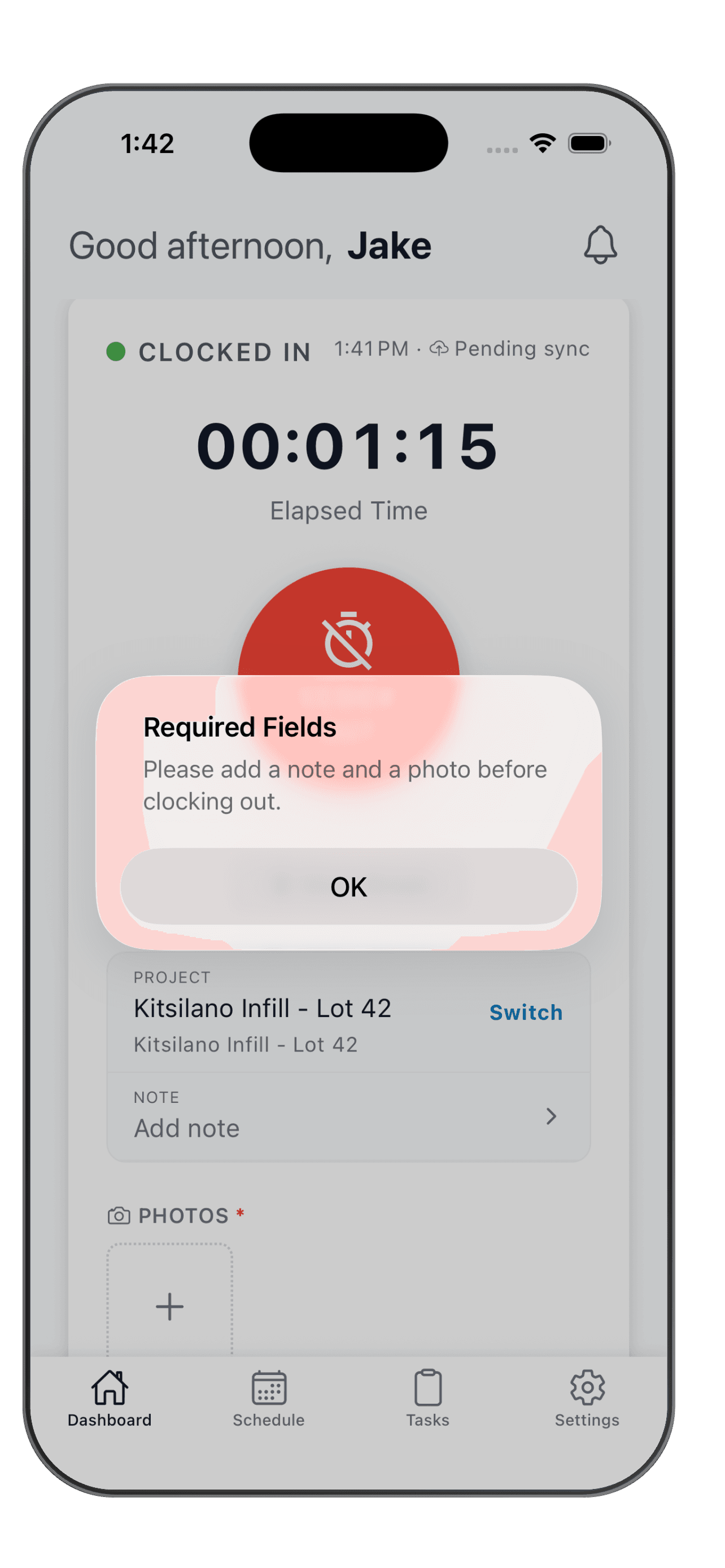 What workers see at clock-out: a Required Fields alert asking them to add a note and a photo before clocking out