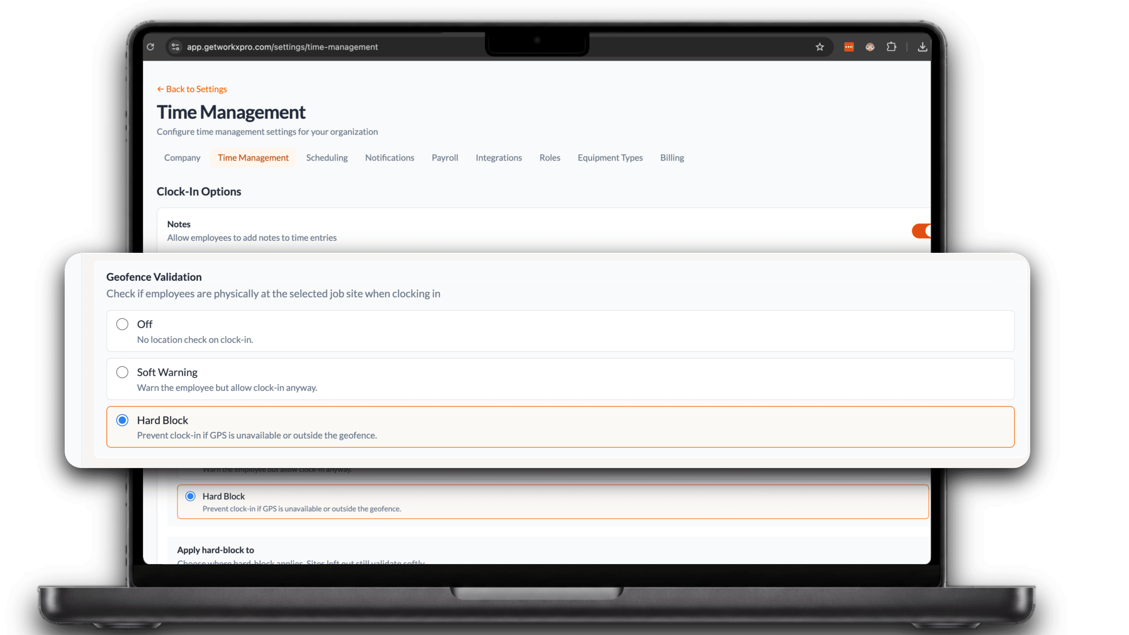 WorkxPro admin portal Time Management settings showing Geofence Validation options: Off, Soft Warning, and Hard Block for clock-ins