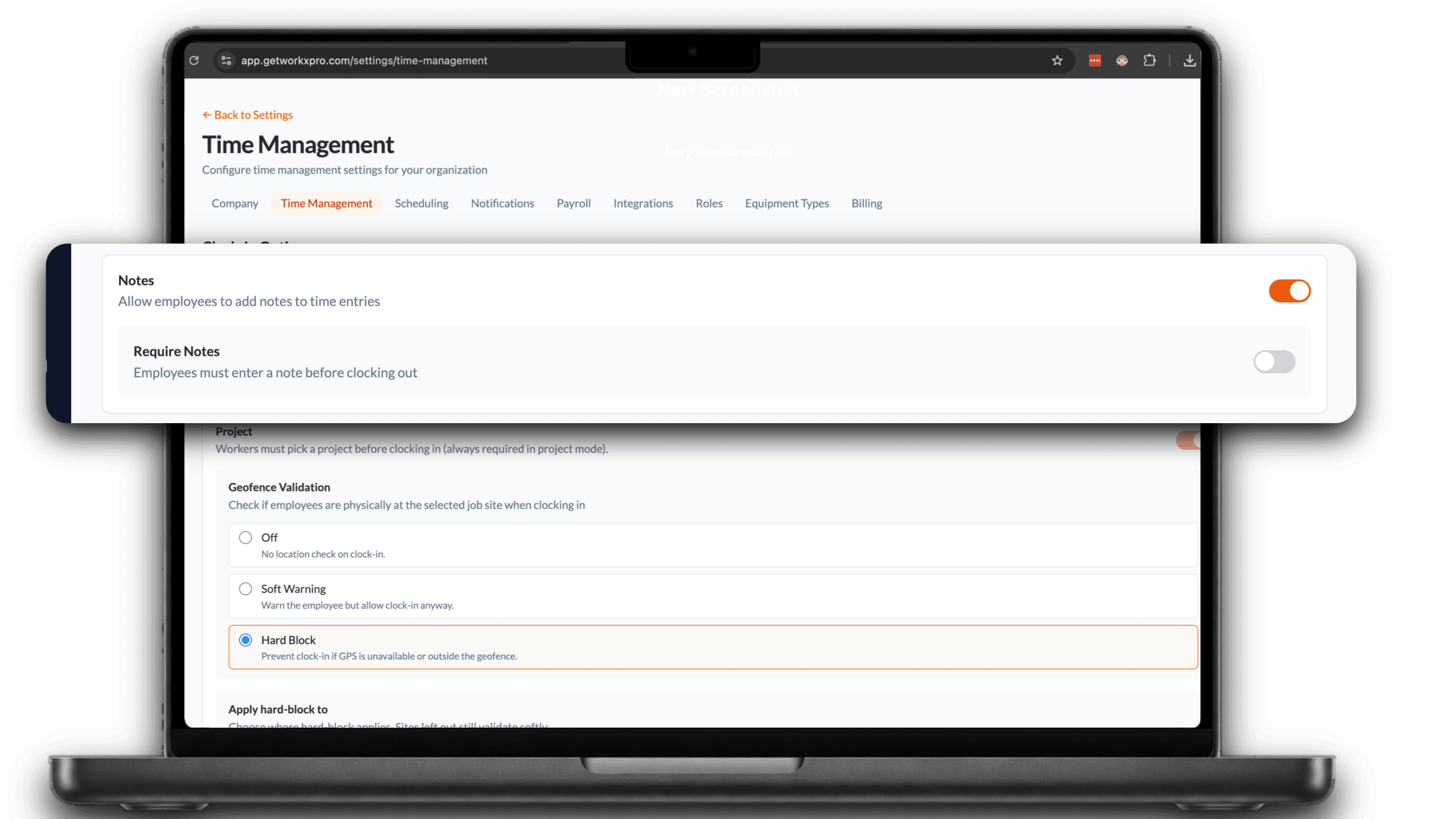 WorkxPro admin portal Time Management settings with a Notes toggle and a Require Notes toggle that forces employees to enter a note before clocking out