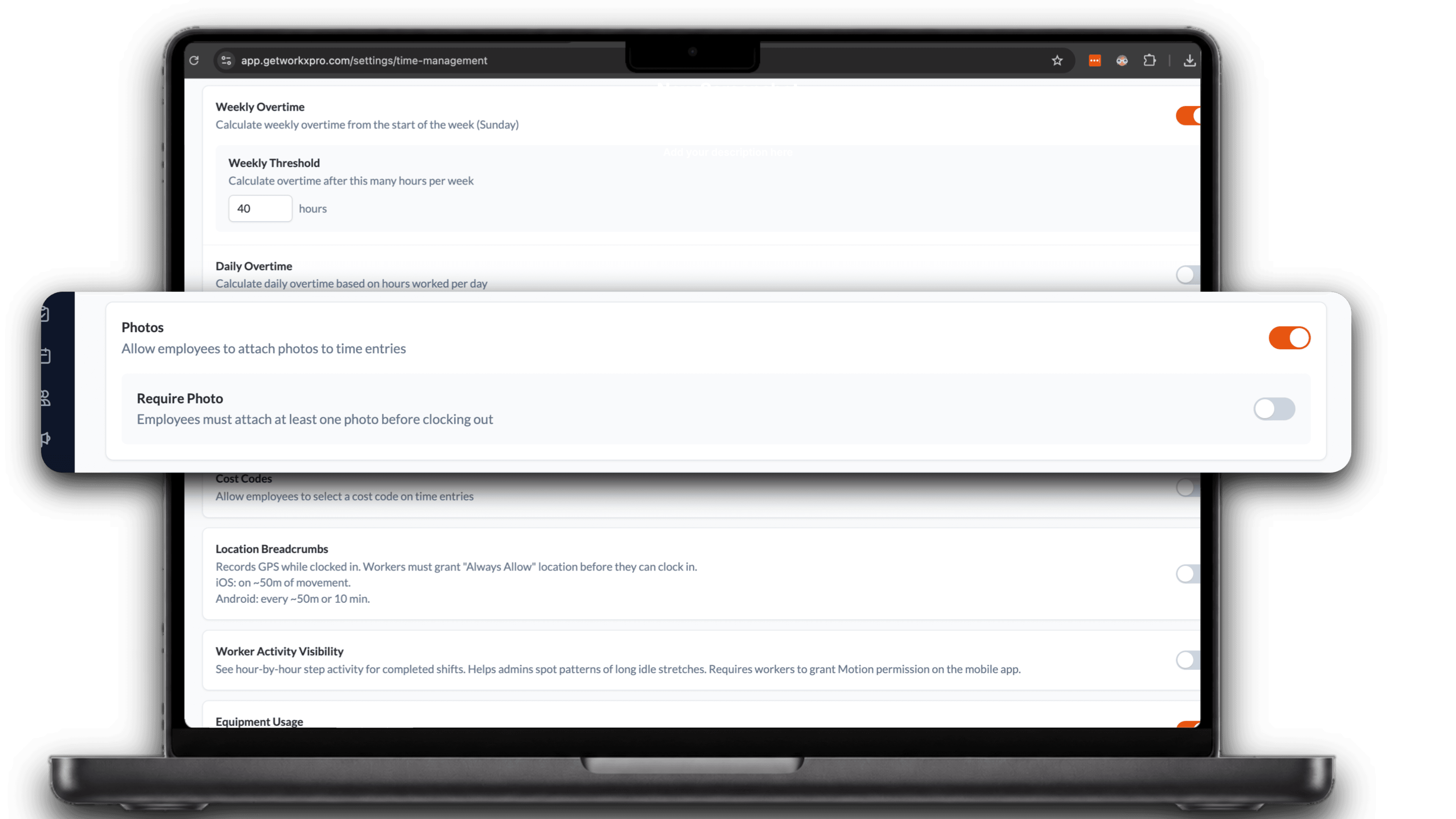 WorkxPro admin portal Time Management settings with a Photos toggle, a Require Photo toggle, and Location Breadcrumbs recording GPS while workers are clocked in