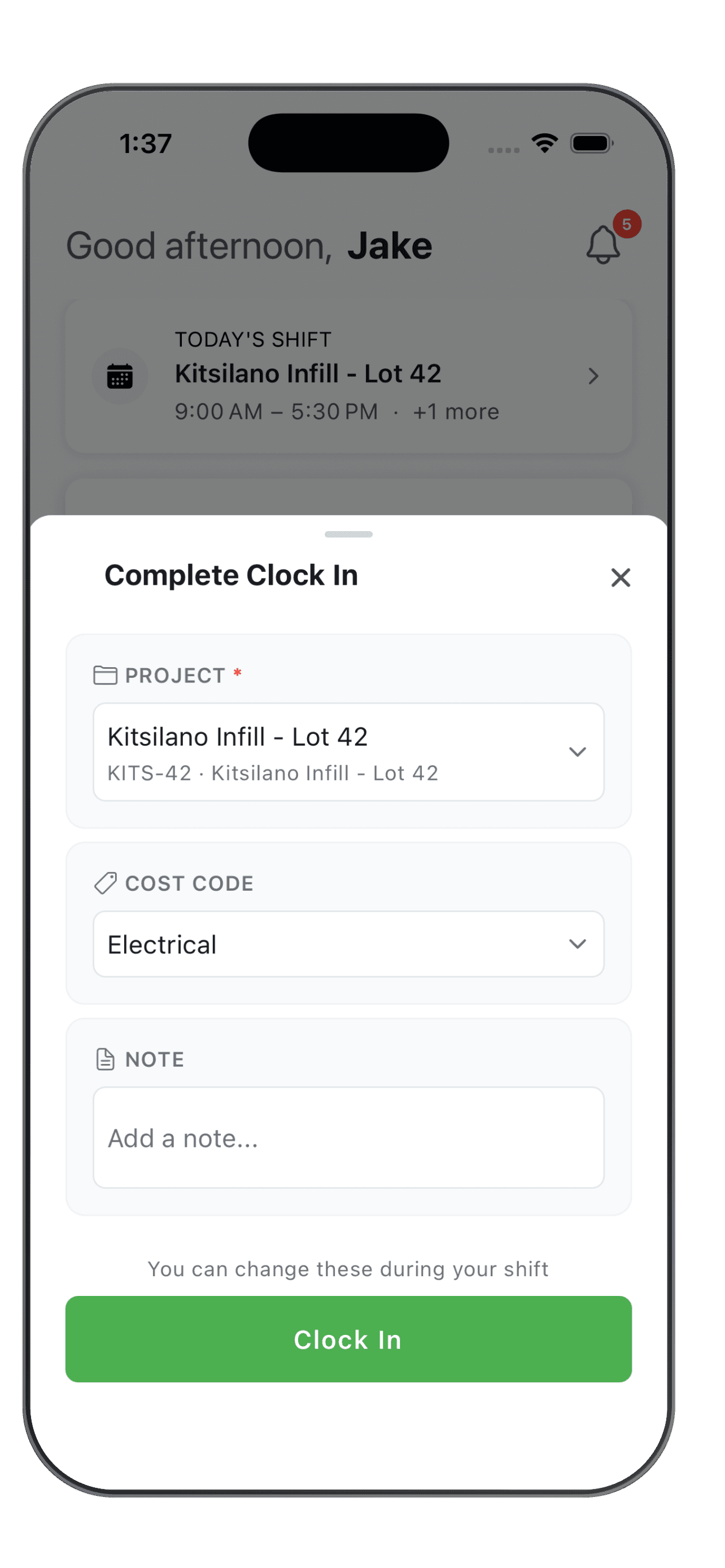 WorkxPro mobile Complete Clock In sheet with the project, a cost code set to Electrical, a note field, and a Clock In button