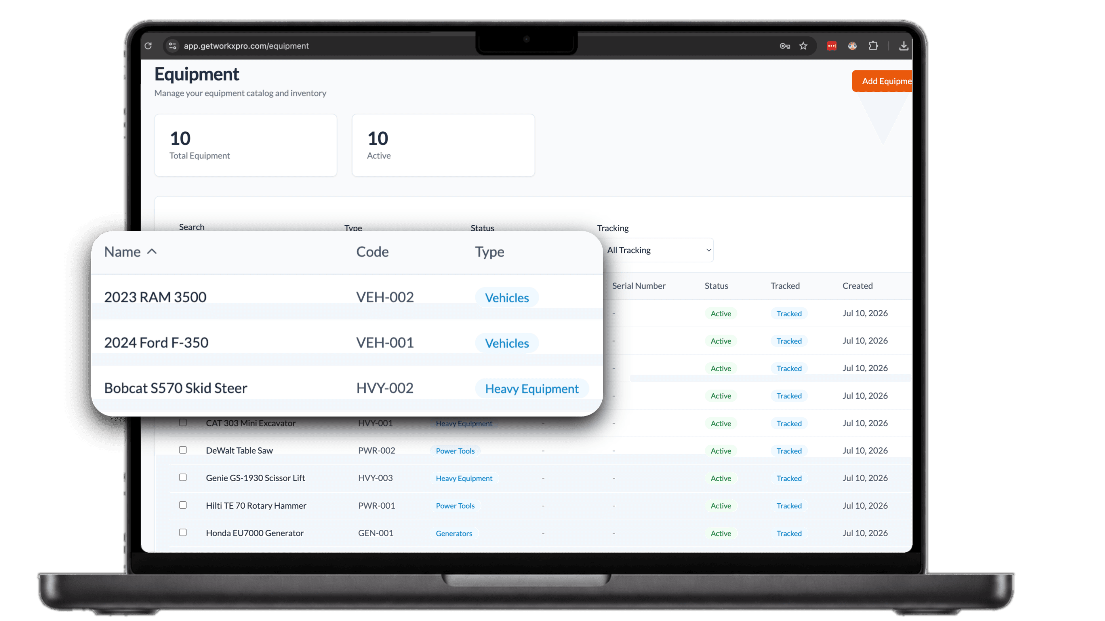WorkxPro equipment inventory on a laptop listing ten tracked items with status and tracking badges, and a zoomed callout of a RAM 3500, a Ford F-350, and a Bobcat skid steer with their codes and type tags