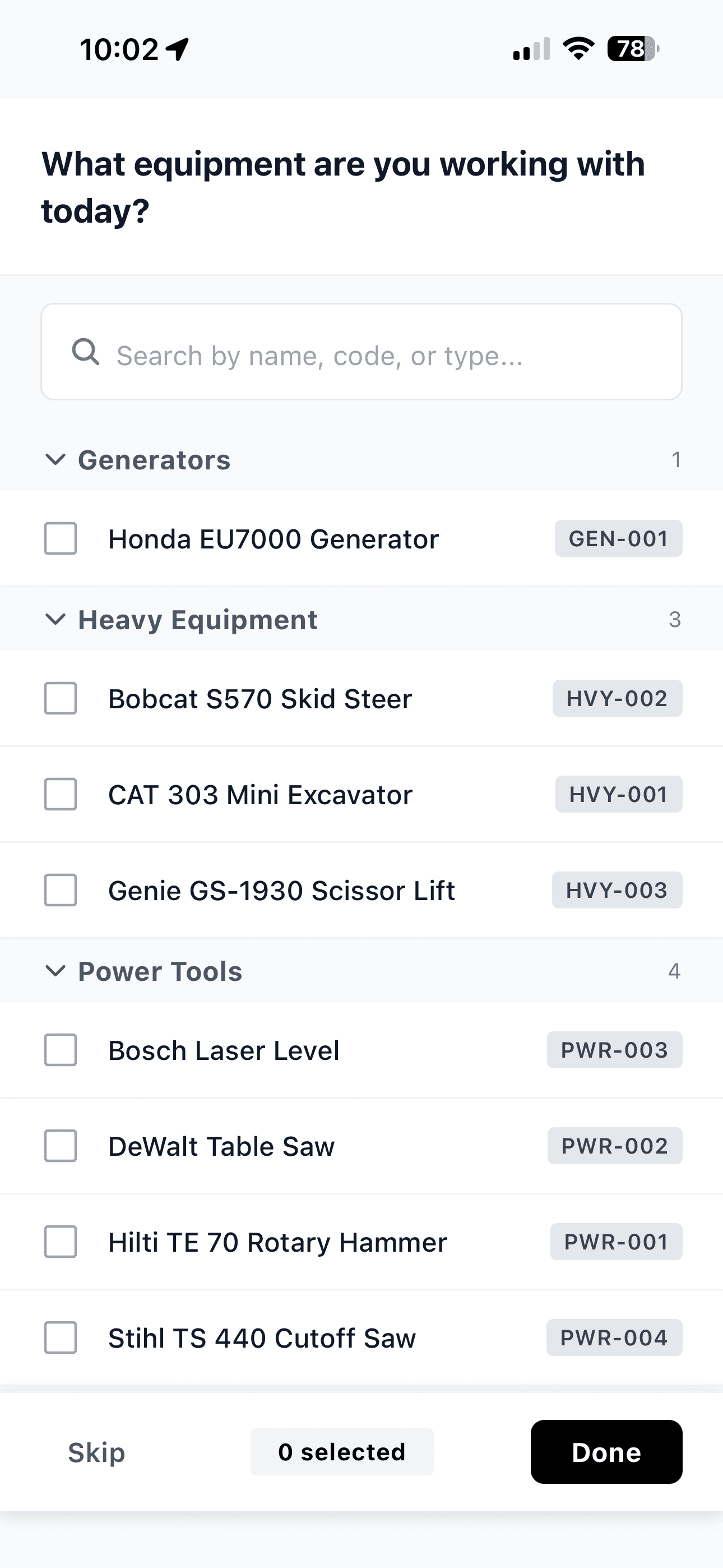 WorkxPro mobile equipment picker at clock-in asking what equipment are you working with today, grouped by generators, heavy equipment, and power tools