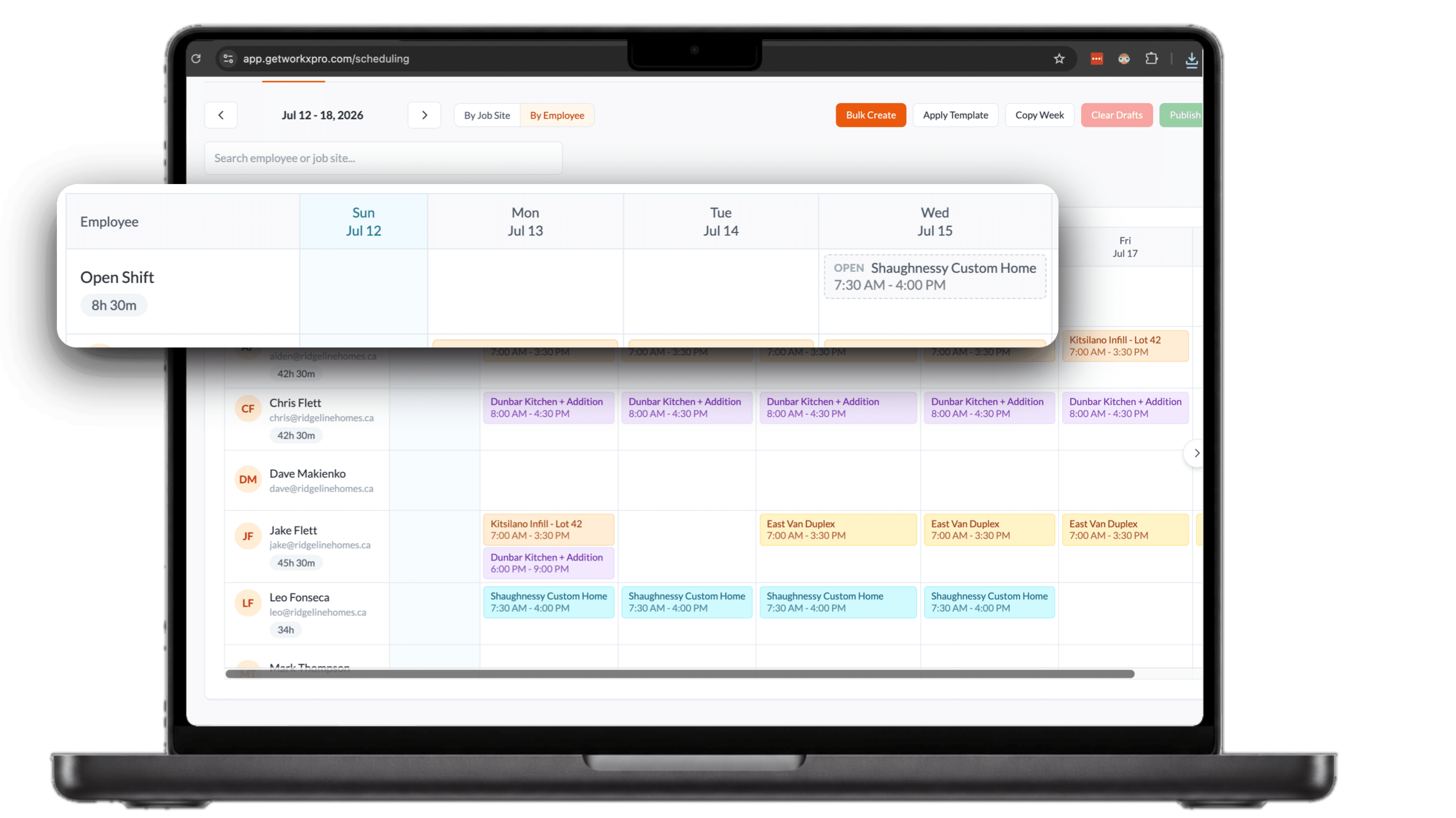 WorkxPro weekly schedule with an Open Shift row above the assigned crew rows, zoomed to an open Wednesday shift at Shaughnessy Custom Home from 7:30 AM to 4:00 PM