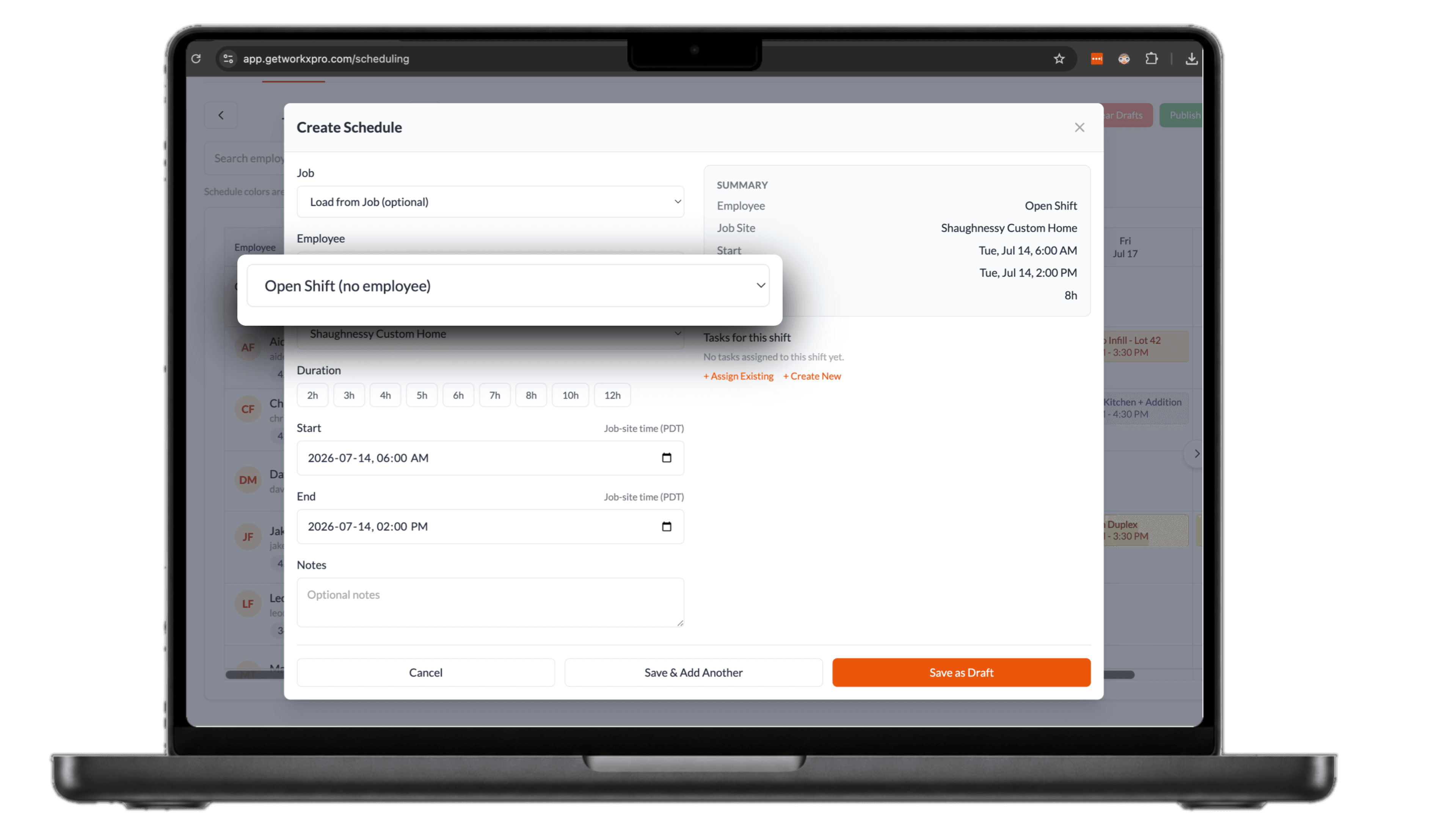 WorkxPro Create Schedule modal with the employee field zoomed to Open Shift (no employee), a job site, start and end times, and a Save as Draft button