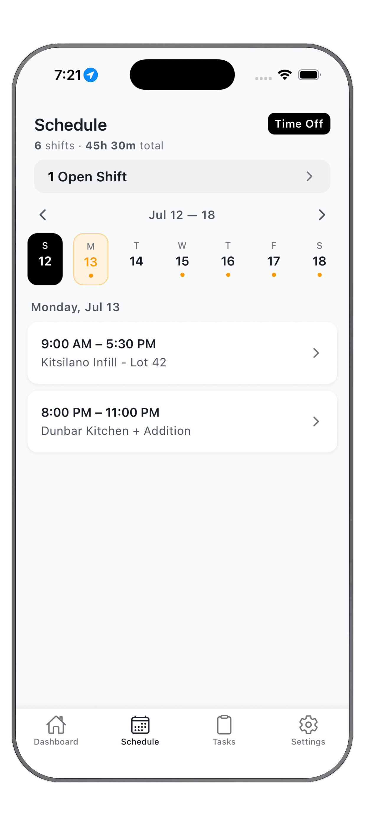 WorkxPro mobile schedule with a 1 Open Shift banner above the worker's own week