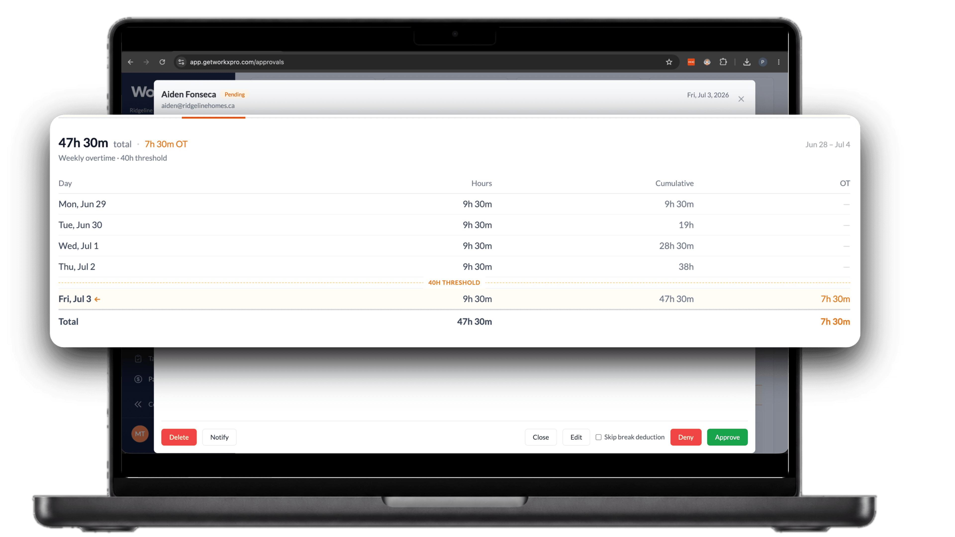 WorkxPro overtime breakdown showing daily hours adding up across the week and crossing the forty hour threshold on Friday
