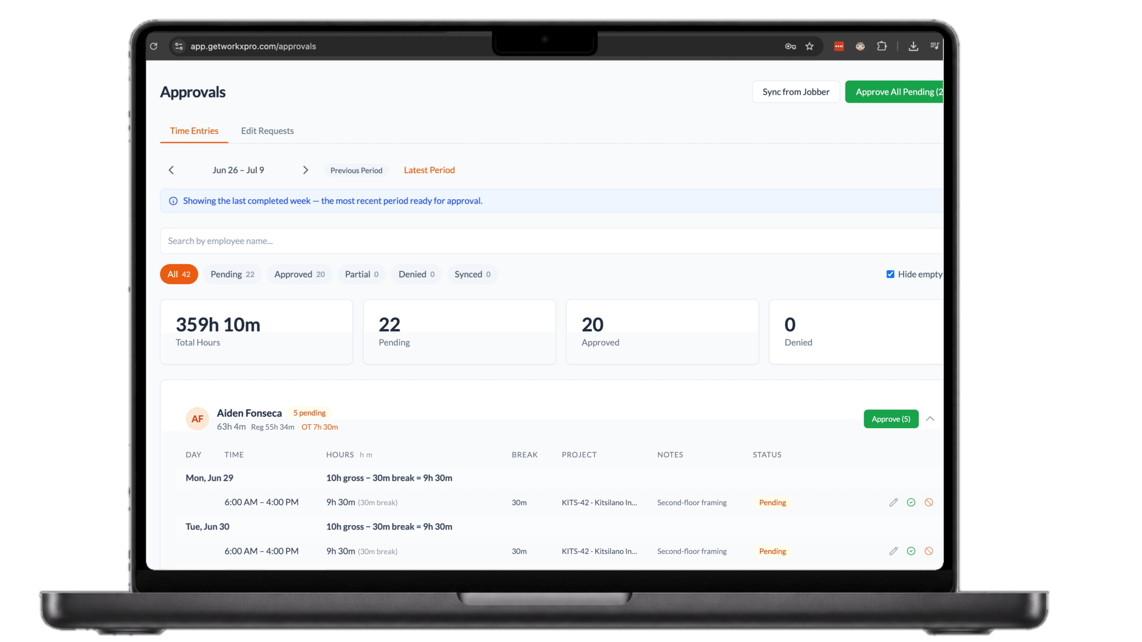 WorkxPro approvals on a laptop showing a two week period with 359 total hours, pending and approved counts, and an employee's week of entries with daily gross, break, and net hours, overtime, and an Approve All Pending button