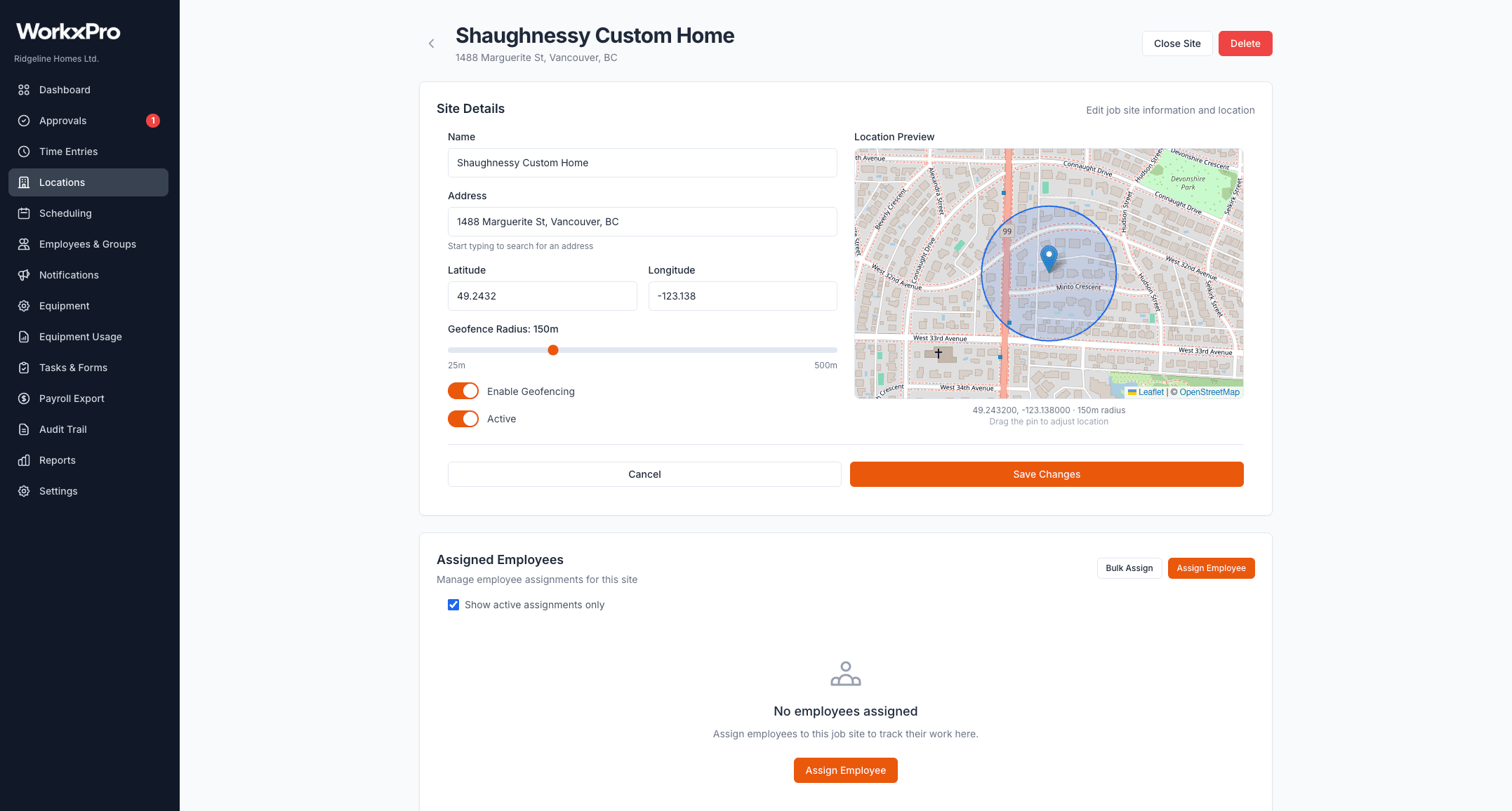 WorkxPro portal job site setup — geofence radius slider set to 150m with map preview showing the blue geofence boundary around the job site pin