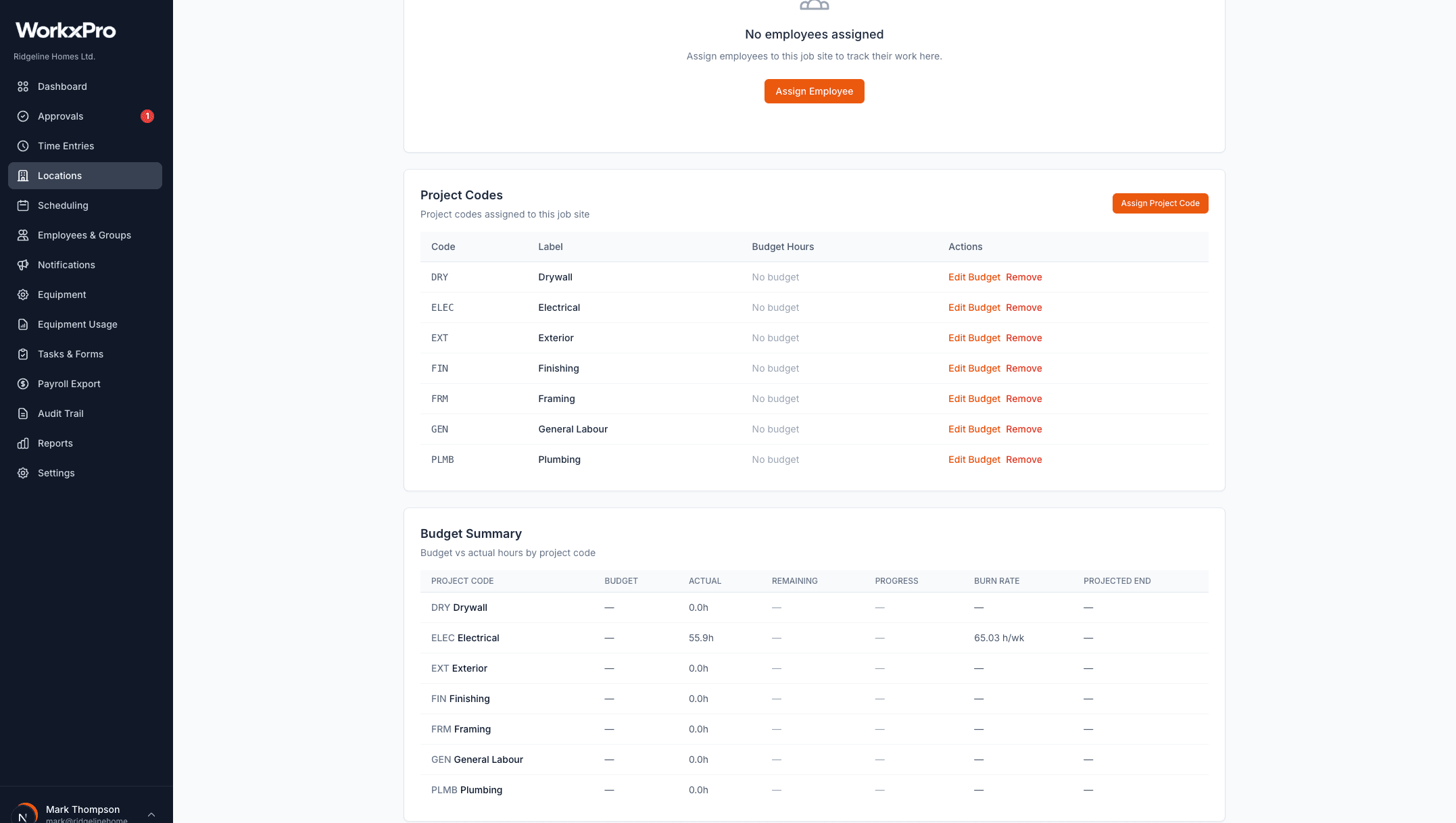 WorkxPro portal project codes assigned to a job site — Drywall, Electrical, Exterior, Finishing, Framing, General Labour, Plumbing with budget vs. actual hours tracking and progress bars