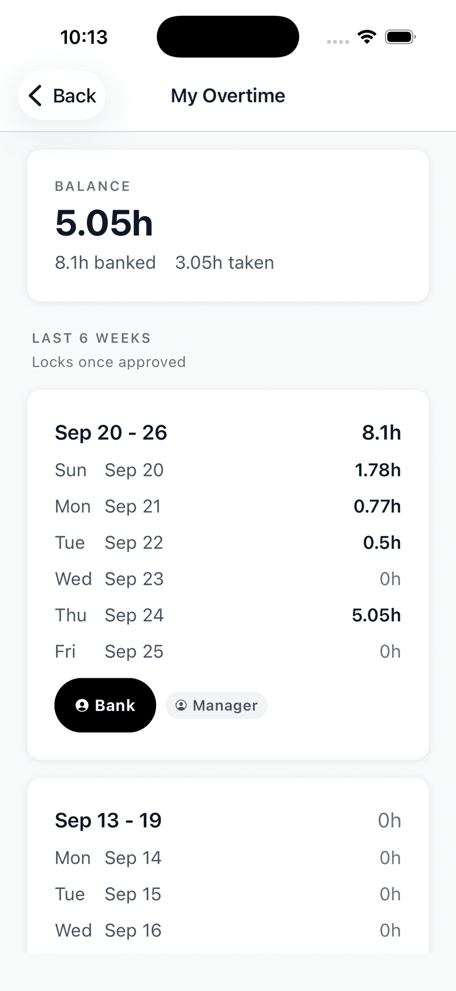 My Overtime screen in the mobile app with a banked balance and one card per week showing a Bank or Paid choice