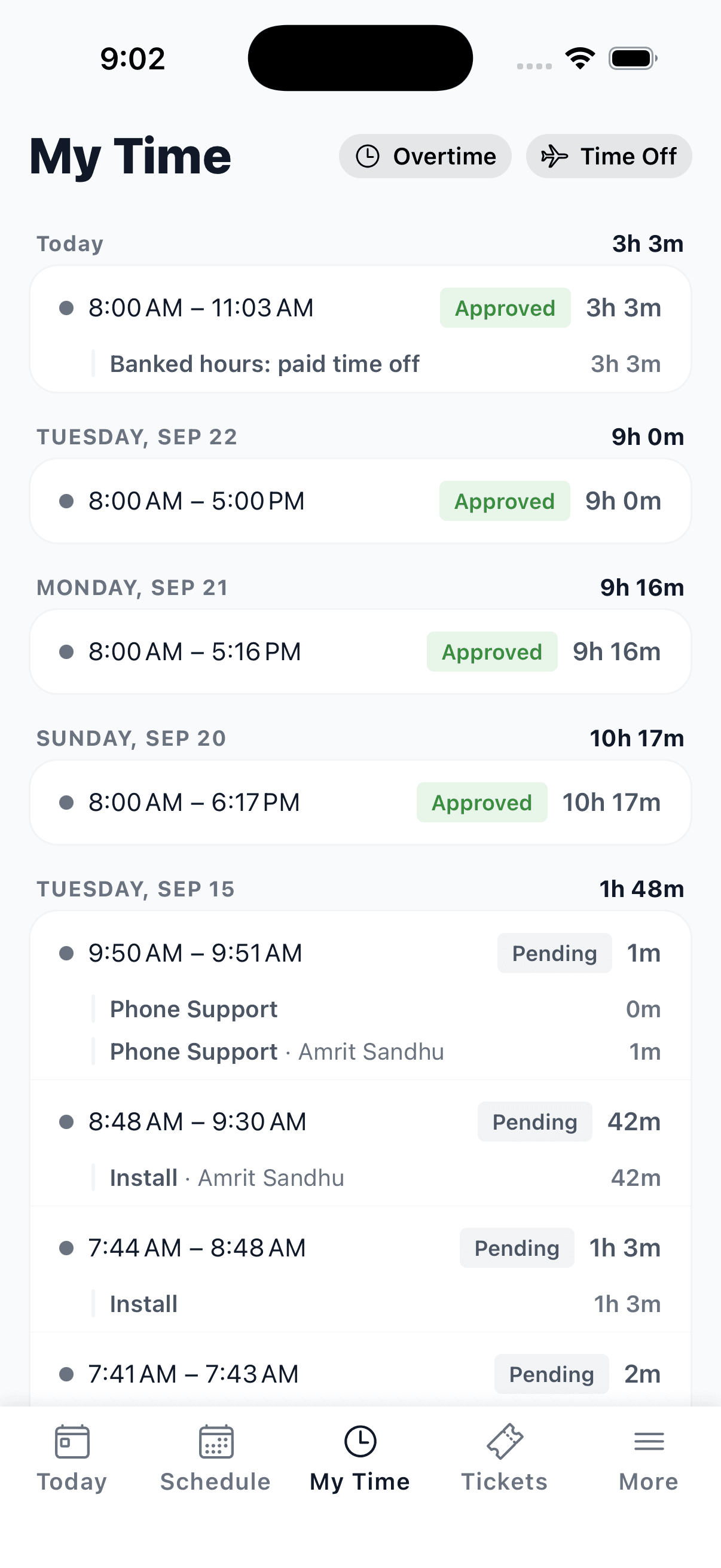My Time in the mobile app showing an approved entry labeled Banked hours: paid time off