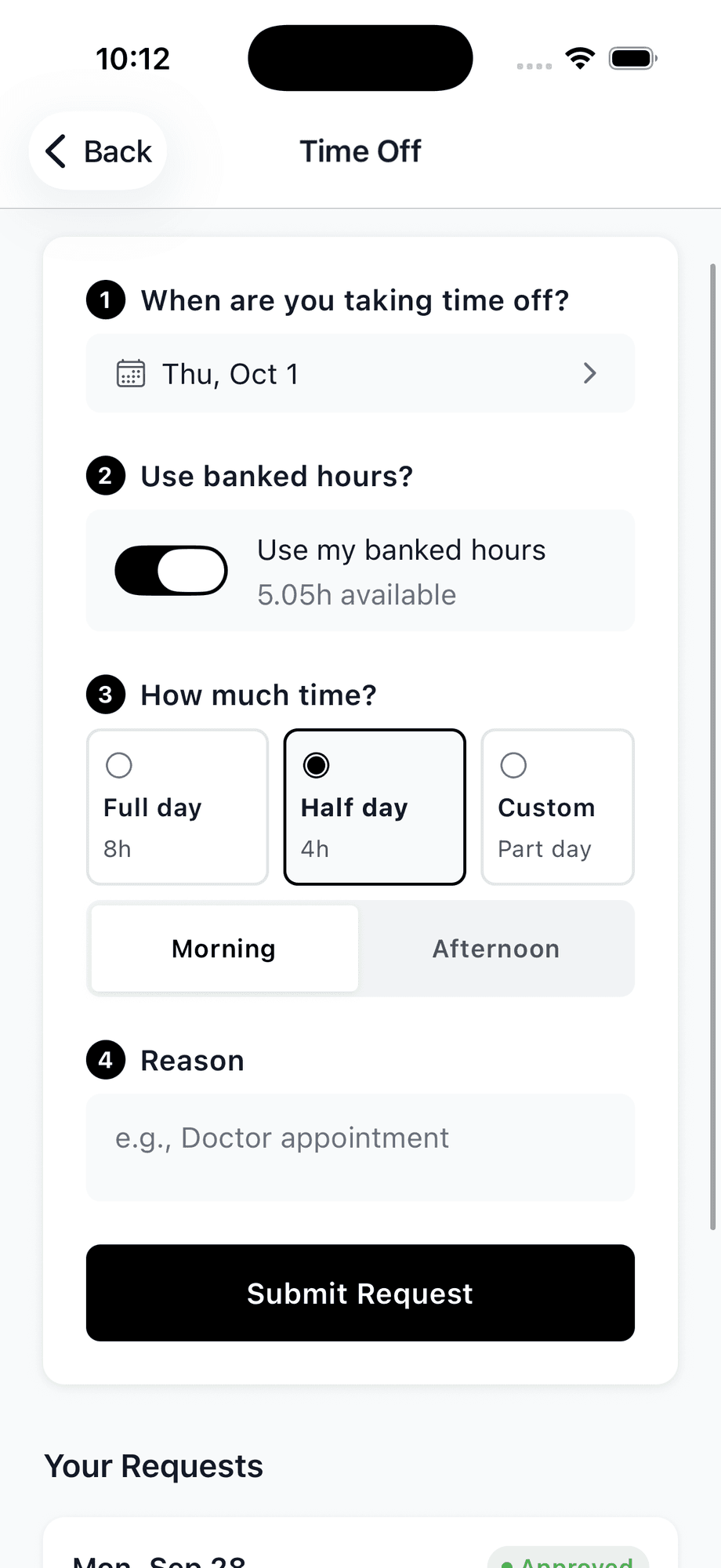 Time Off request in the mobile app: dates, a Use my banked hours switch with the balance, and Full day, Half day and Custom cards