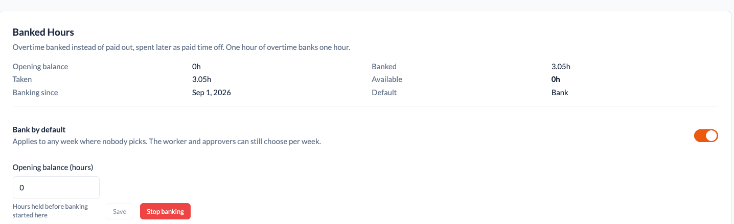 Banked Hours card showing opening balance, banked, taken and available hours, the Bank by default toggle, and a by-week table