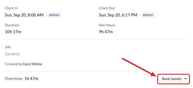 Time entry detail with an Overtime line and a dropdown set to Bank (week)