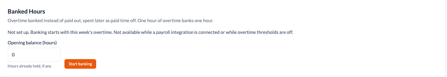 Banked Hours card on an employee page with an opening balance field and a Start banking button