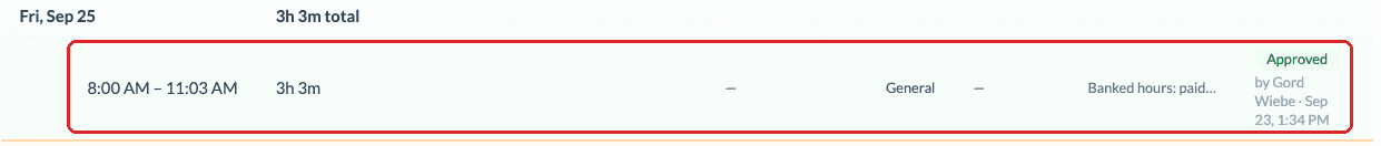 Approvals timesheet with an approved 8:00 AM to 11:03 AM entry on Fri, Sep 25 noted Banked hours: paid time off