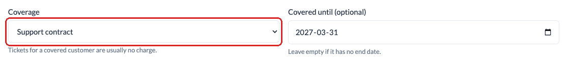Customer form with Coverage set to Support contract and boxed in red, next to Covered until set to 2027-03-31