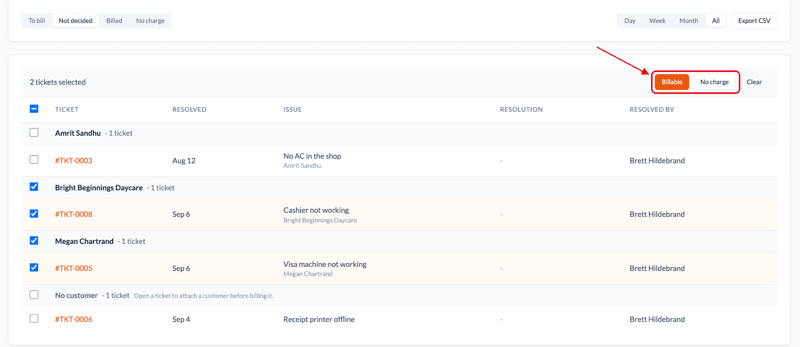 Not decided list with tickets grouped by customer, two of them ticked, the Billable and No charge buttons boxed in red, and a No customer group at the bottom