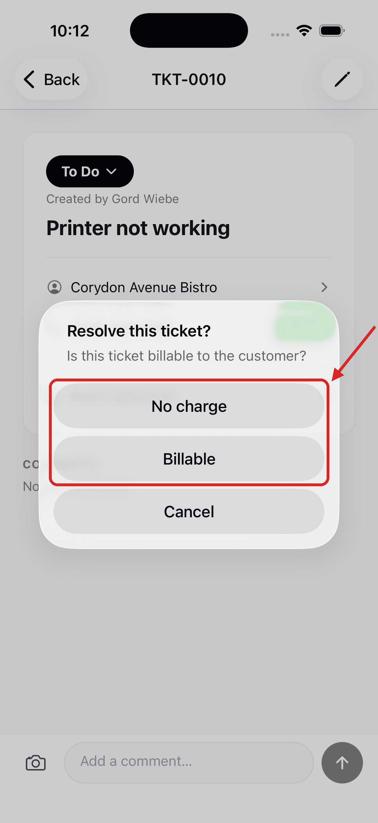 Mobile app prompt Resolve this ticket? asking Is this ticket billable to the customer?, with No charge and Billable boxed in red above Cancel