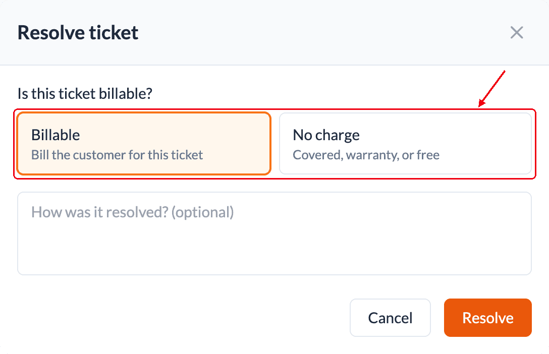 Resolve ticket window asking Is this ticket billable?, with Billable selected next to No charge and a red box around both choices