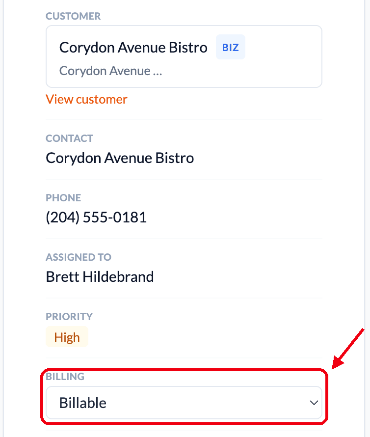 Ticket details panel with customer, contact, phone, assignee, priority and a Billing dropdown set to Billable, boxed in red