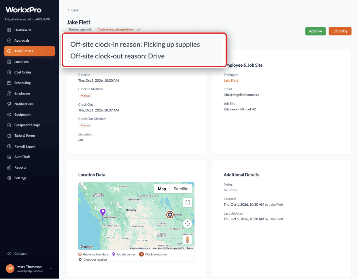 Time entry page for Jake Flett with a Clocked in outside geofence badge, a magnified red-boxed callout reading Off-site clock-in reason: Picking up supplies and Off-site clock-out reason: Drive, clock details, job site and the location map