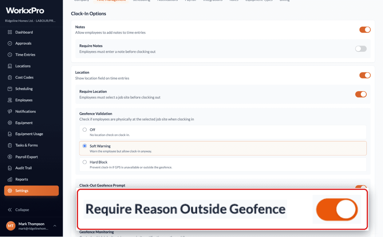 Time Management settings page with Geofence Validation set to Soft Warning, Clock-Out Geofence Prompt on, and a magnified red-bordered Require Reason Outside Geofence row with its toggle on