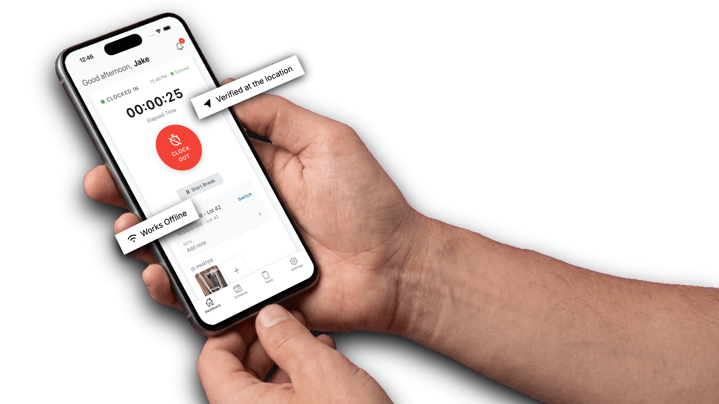 A field worker clocking in on the WorkxPro mobile app — verified at the location, works offline