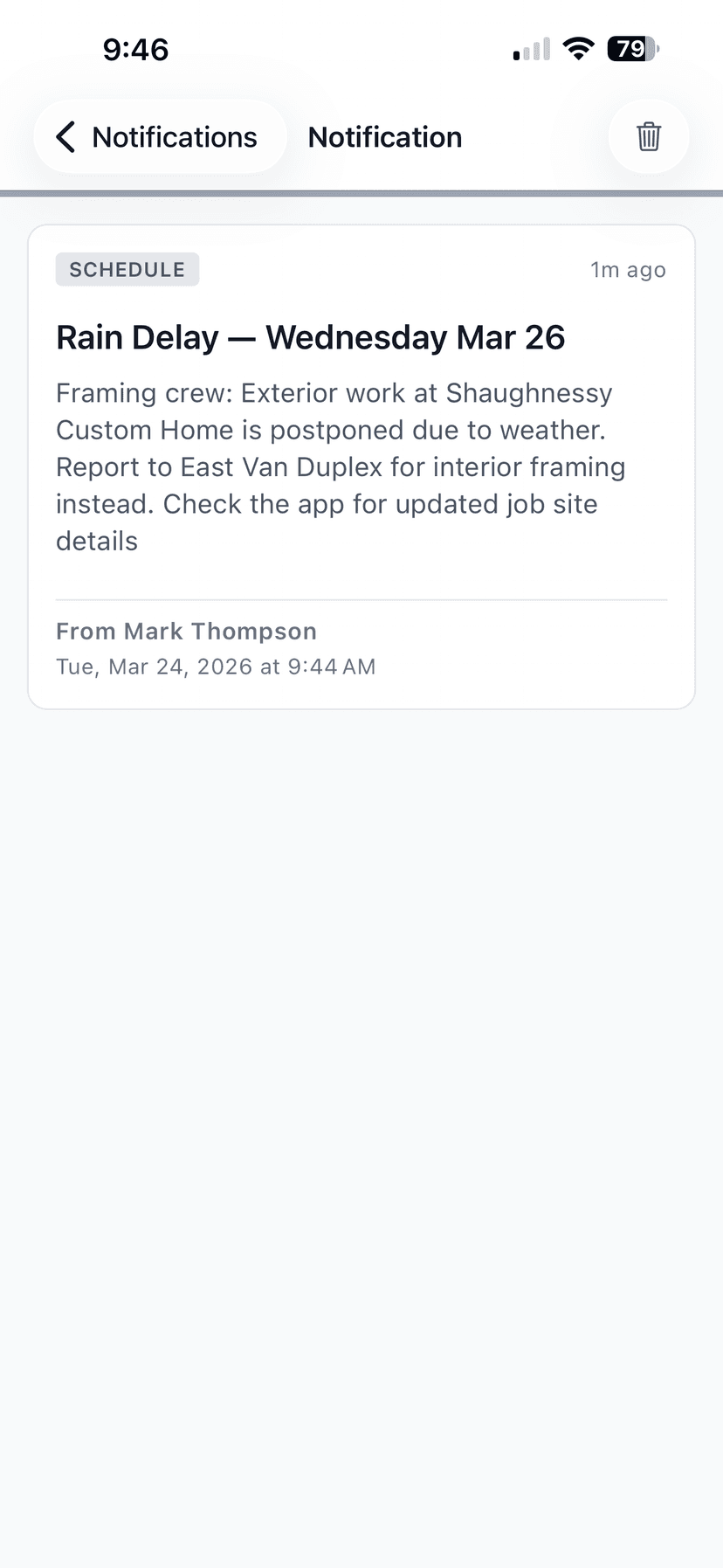 WorkxPro in-app notification detail — full message with SCHEDULE category tag, sender name, and timestamp