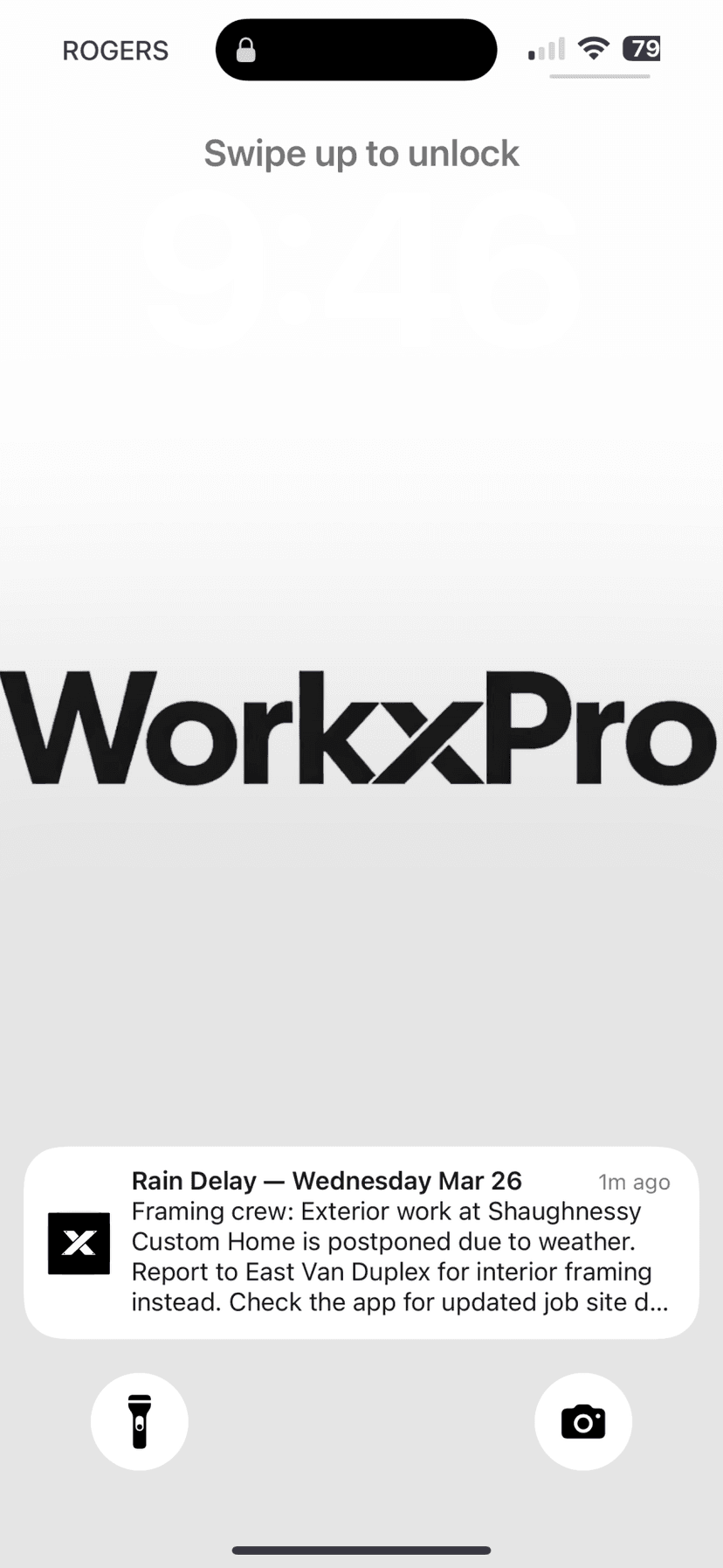 WorkxPro push notification on iPhone lock screen — Rain Delay schedule change with full message preview