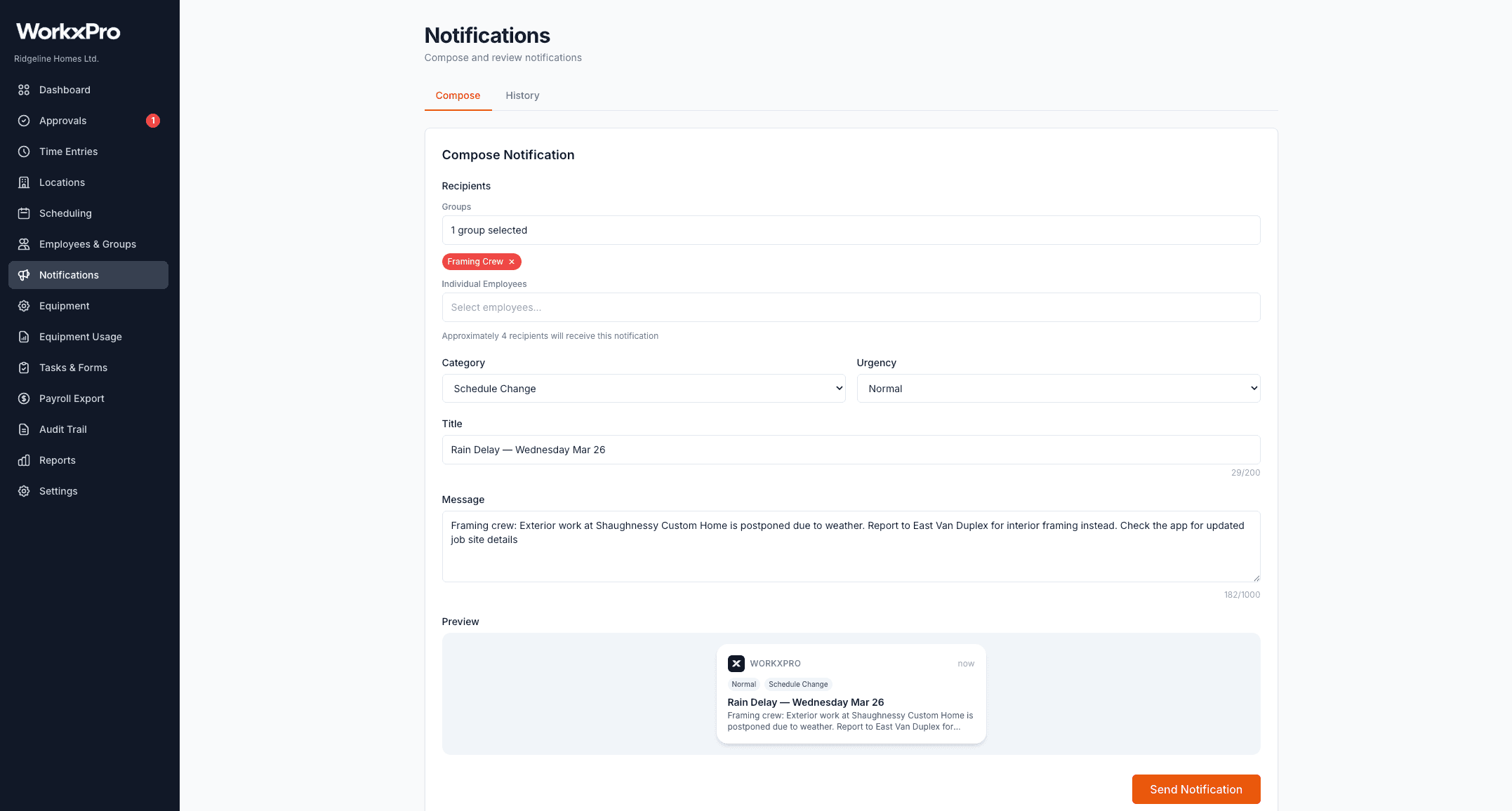 WorkxPro notification compose screen — select crew groups, pick a category, write your message, and see a live push notification preview before sending