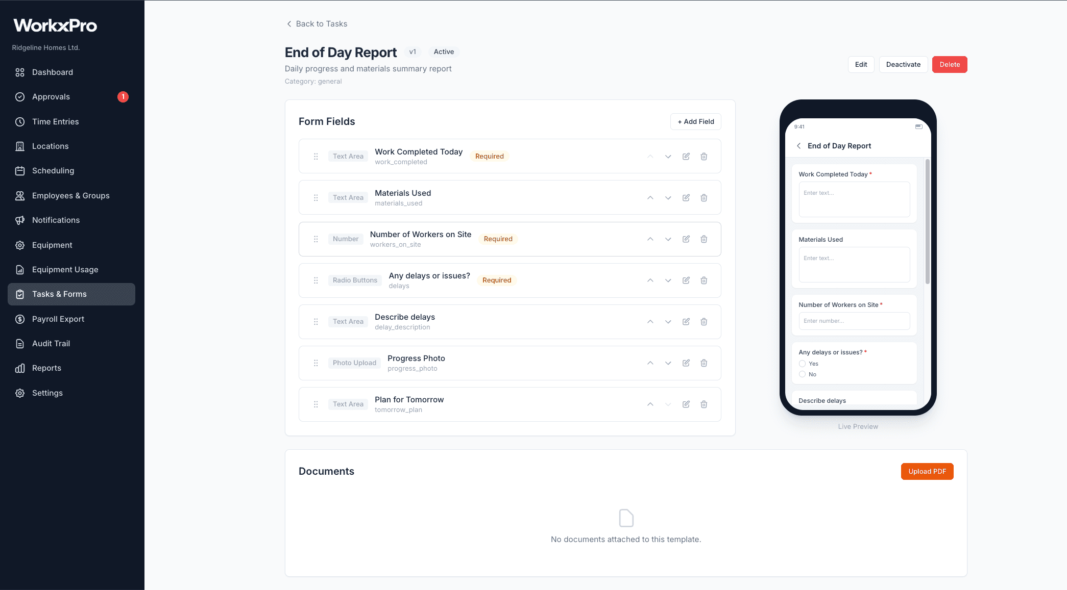 WorkxPro form builder with live mobile preview — drag-and-drop fields and see how they look on your crew's phones