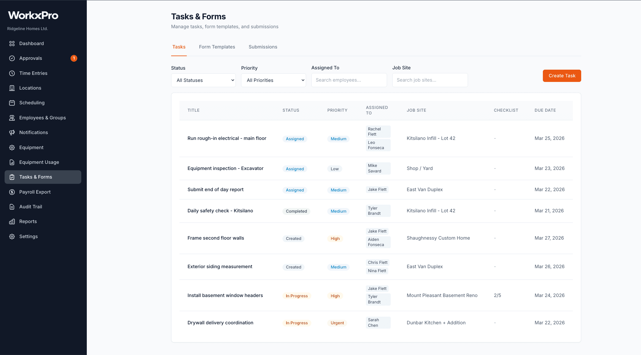 WorkxPro task management — assign forms to workers with priority, due dates, and job sites
