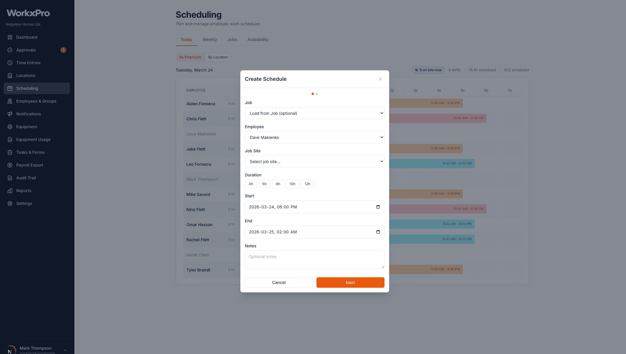 WorkxPro create schedule modal — select job site, employees, duration, start and end times, and notes