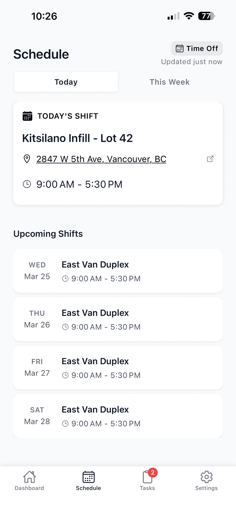 WorkxPro mobile app schedule screen — today's shift showing job site name, address, and time, with upcoming shifts for the week below
