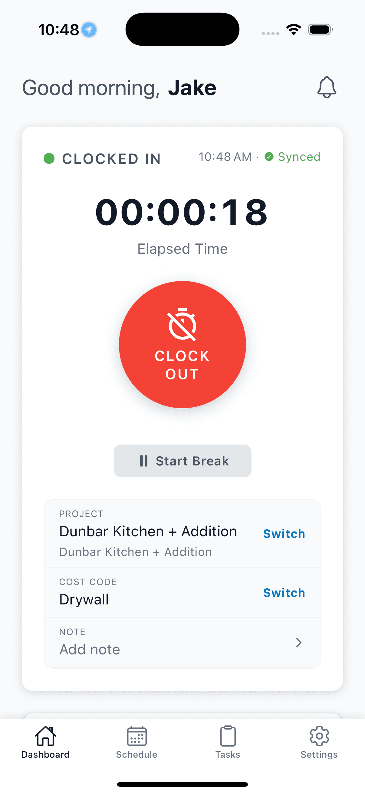 WorkxPro mobile clock-in with project and cost code selected