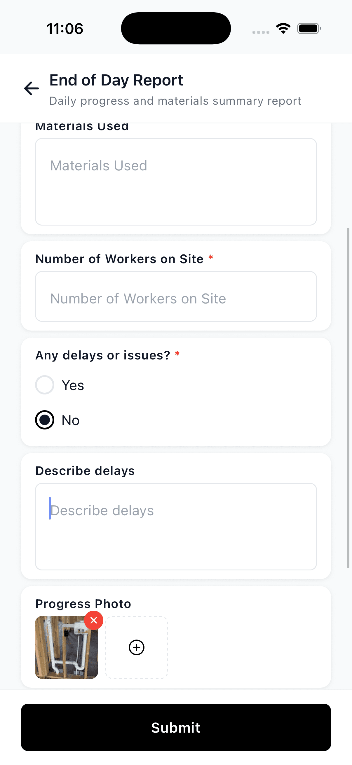 Completing a site form with a photo in the WorkxPro app