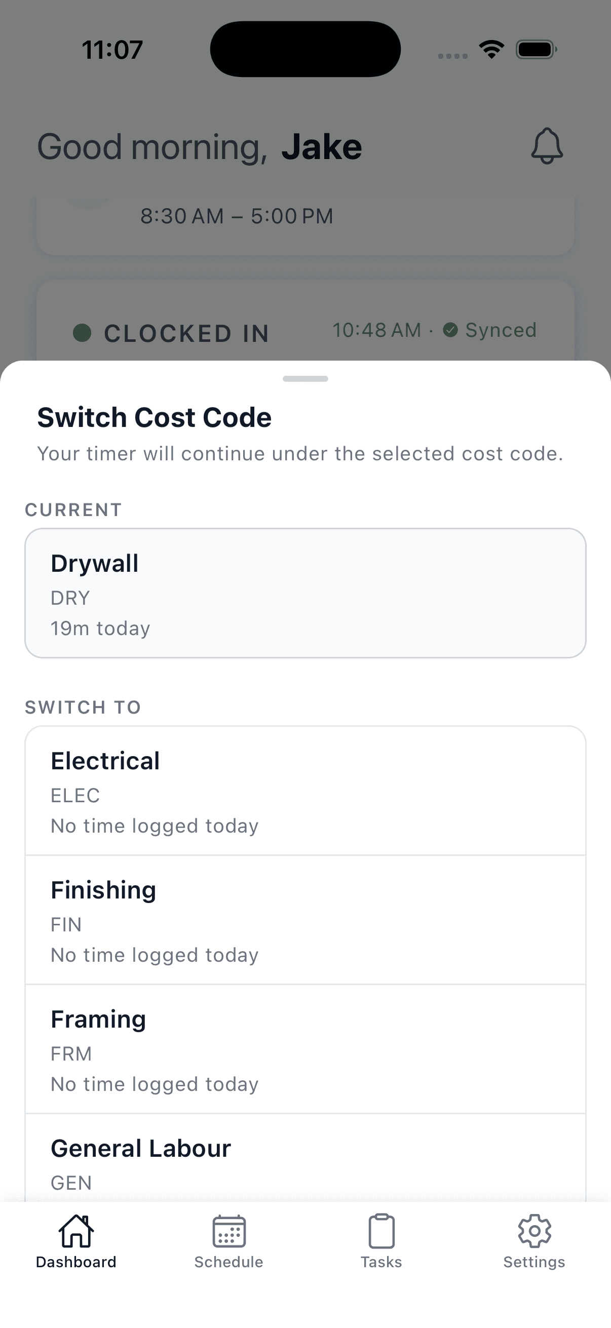 Switching cost code mid-shift in the WorkxPro app